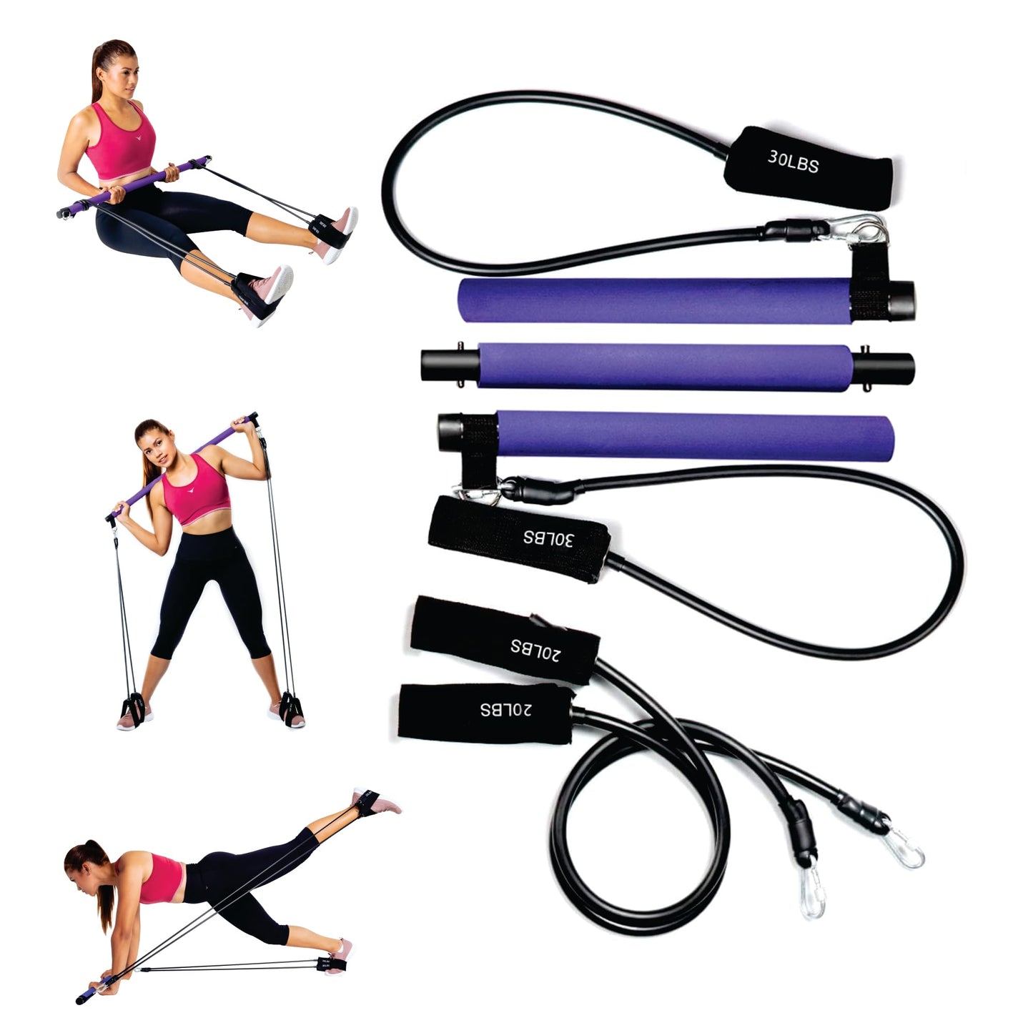 INX SPORTS Pilates Bar Kit with Resistance Bands (Up to 100lbs) - Portable Home Gym Equipment for Squats, Yoga, and Full Body Toning - 3-Section Steel Bar + Fabric Booty Band
