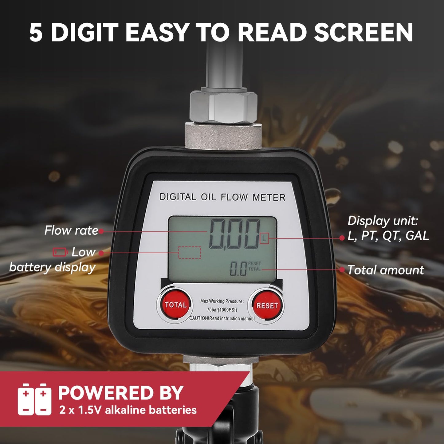 Poafamx Digital Oil Control Valve Meter Nozzle, 8GPM/30LPM Heavy Duty Air Operated Oil Transfer Nozzle, 7-1000 Psi 0.5-70bar, ±0.3% Precision, 1/2" inch NPT Inlet with Non Leakage Spout
