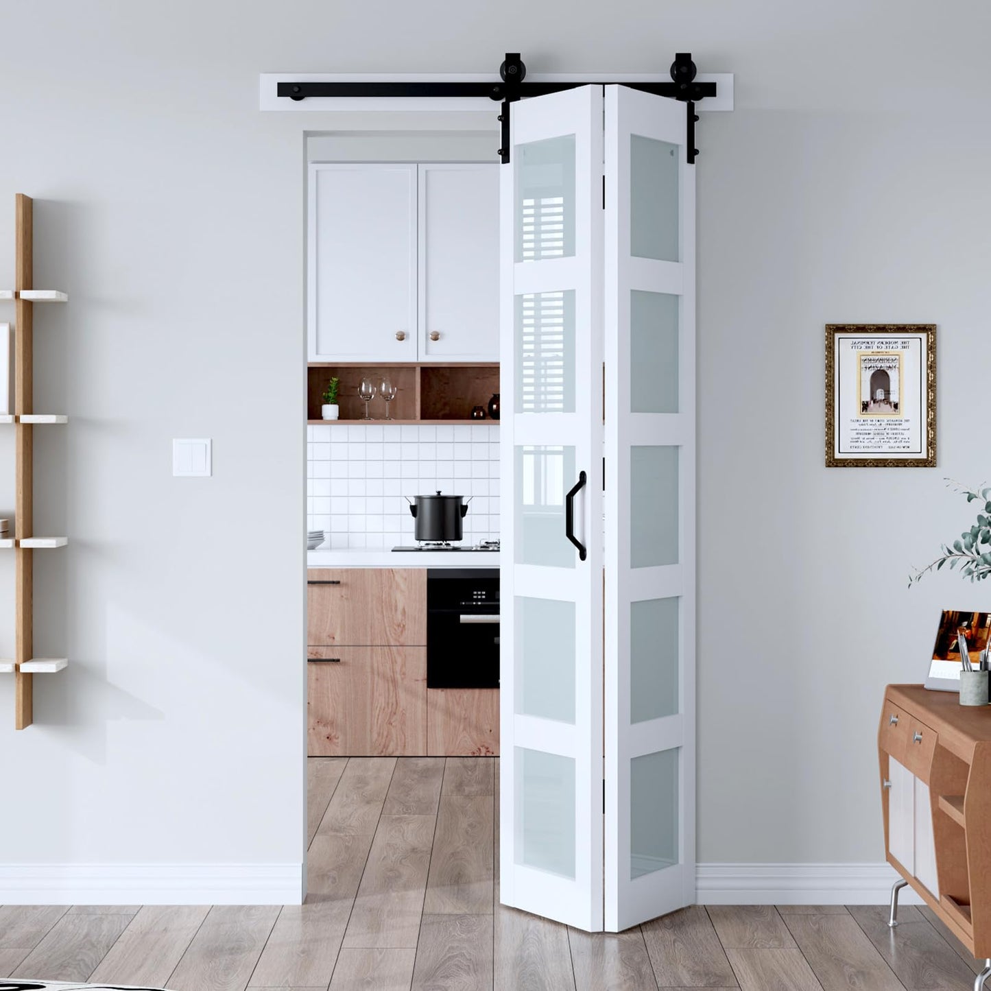 EaseLife 42"x 84" (Double 21" x 84") Bifold Barn Door, Bifold Sliding Barn Door with Hardware Kit, Solid MDF Wood Slab Covered with Water-Proof PVC Surface, 5 Frosted Glass Panels, Assembly Required