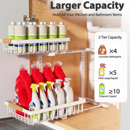 Liuoud Under Sink Organizer - 2 Pack Adjustable 2-Tier Storage Solution for Kitchen & Bathroom - White