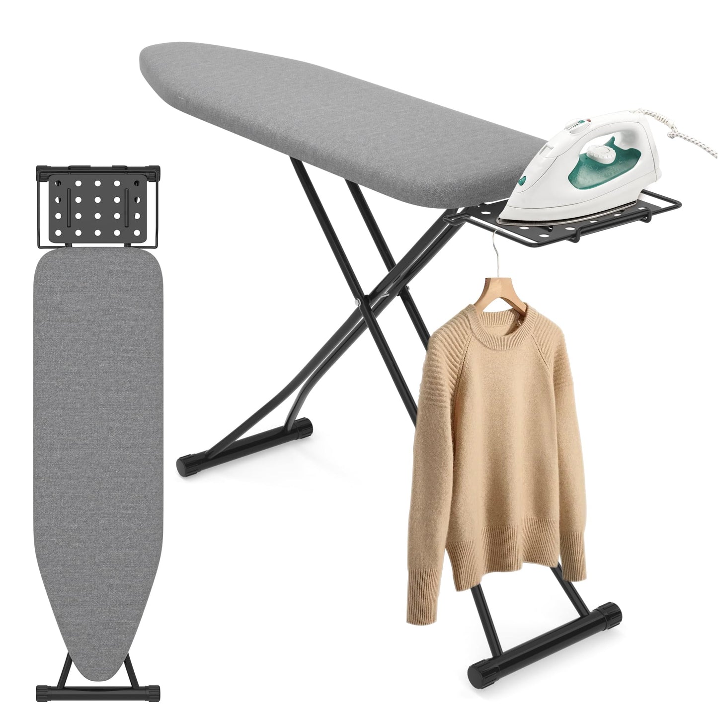 DIAMONDFORGE Ironing Board with Porous Iron Rest, 7 Adjustable Heights, 43" x 13", 3-Layer Heat-Resistant Cover & Pad for Home Laundry, Gray