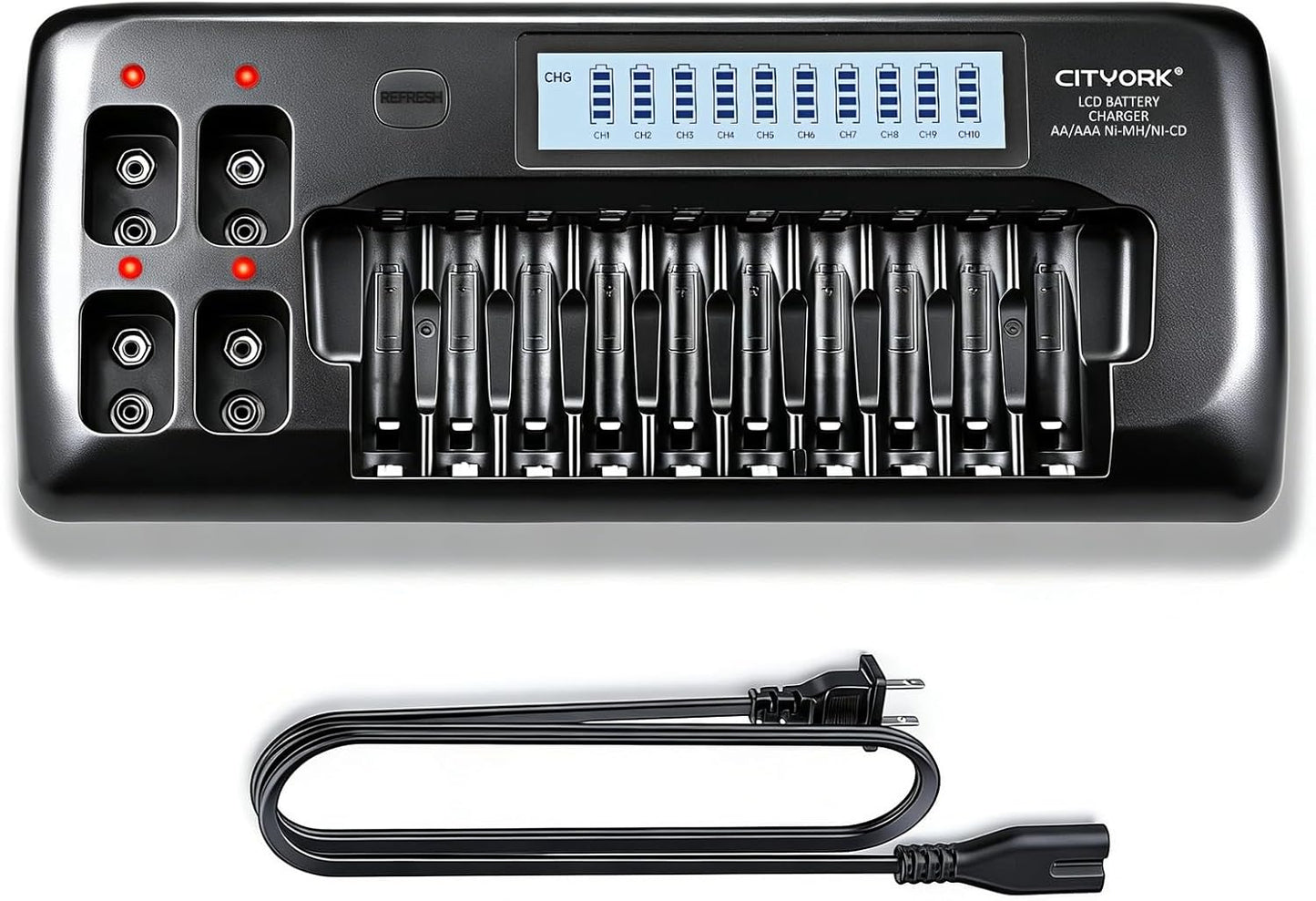 CITYORK 10+4 10 1.2V 4 9V Bay AA AAA Battery Charger with LCD Display, Bay for AA AAA NiMH NiCd Batteries, Bay