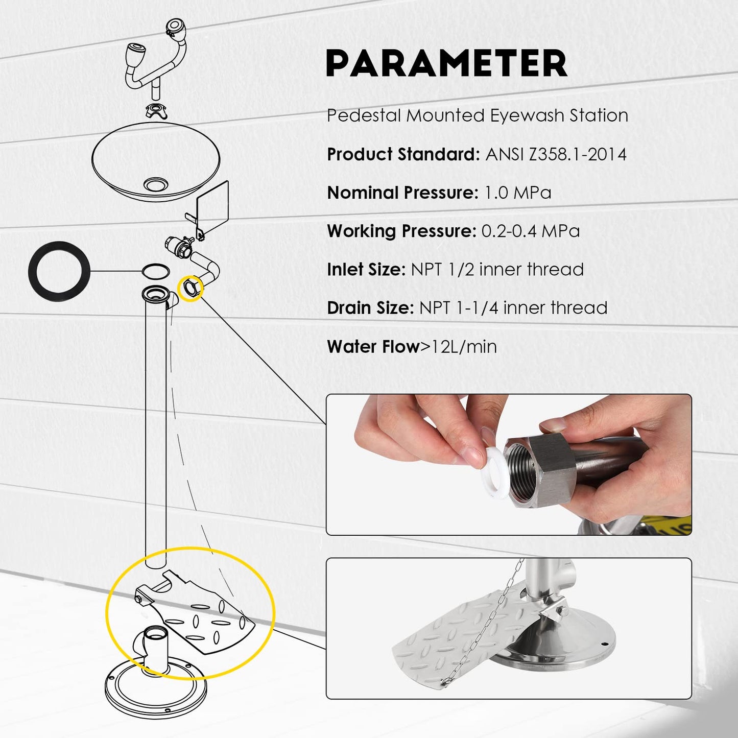 CGOLDENWALL Eye Wash Station with Foot Pedal, NPT Thread, OSHA Approved Emergency Pedestal Mounted Eyewash Station, Eye Face Washing Station, 304 Stainless Steel Bowl+Pedal