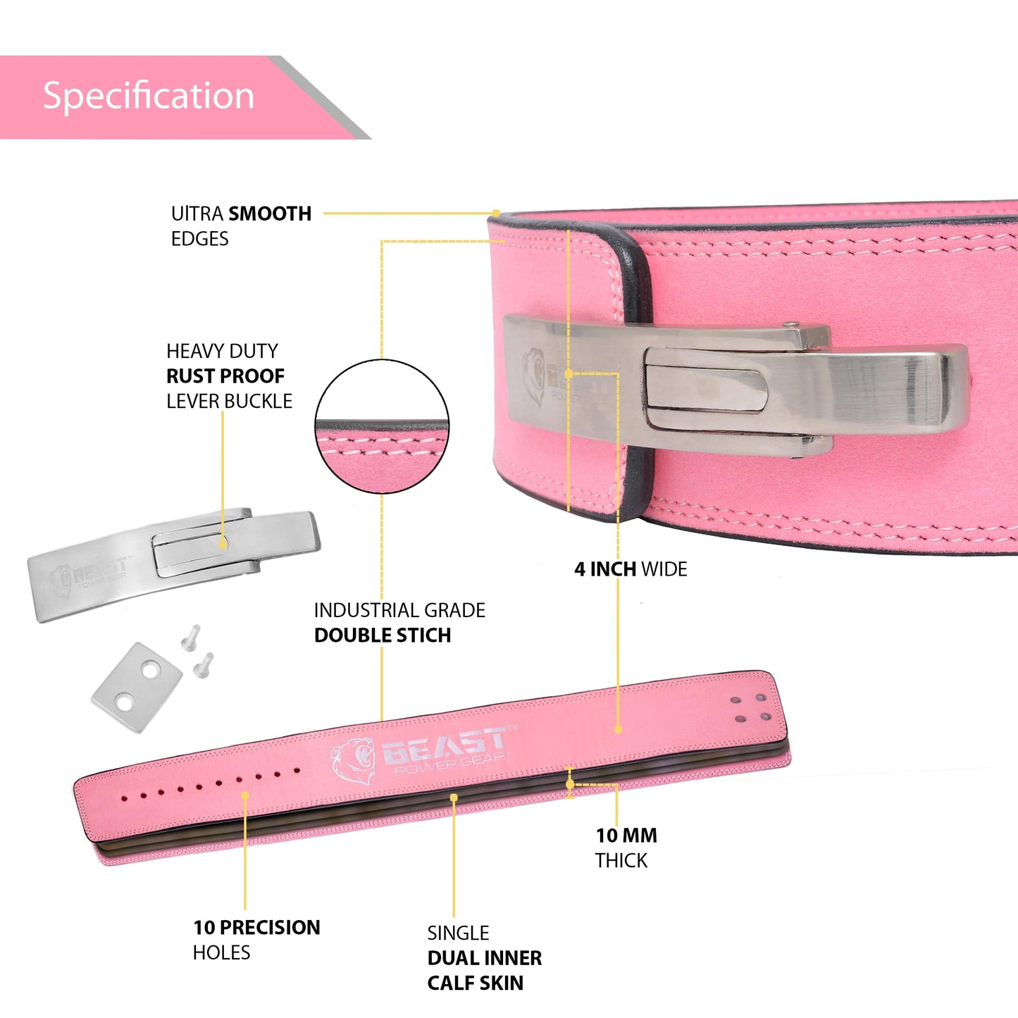 Beast Power Gear Weight Lifting Belt Lever Buckle 10MM 13MM Thick & 4 Inches Free Strap Weightlifting, Powerlifting, Deadlifts, Squats Men Women