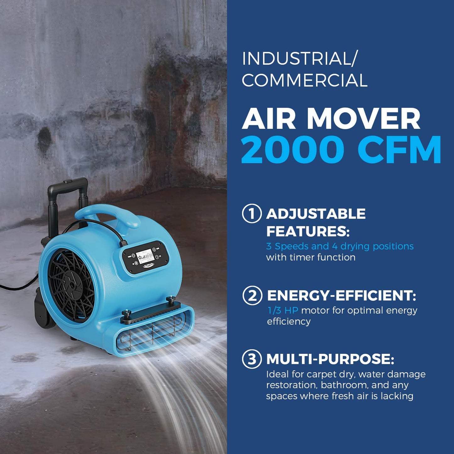 ALORAIR 1/3 HP 2000 CFM Air Mover Blower Fan for Industrial, Floor Drying Fan, Carpet Dryer - 18 Timer, Handle Wheelkit, Digital Control, Carpet Buckles, for Water Damage Restoration, Home - GE2000HCW