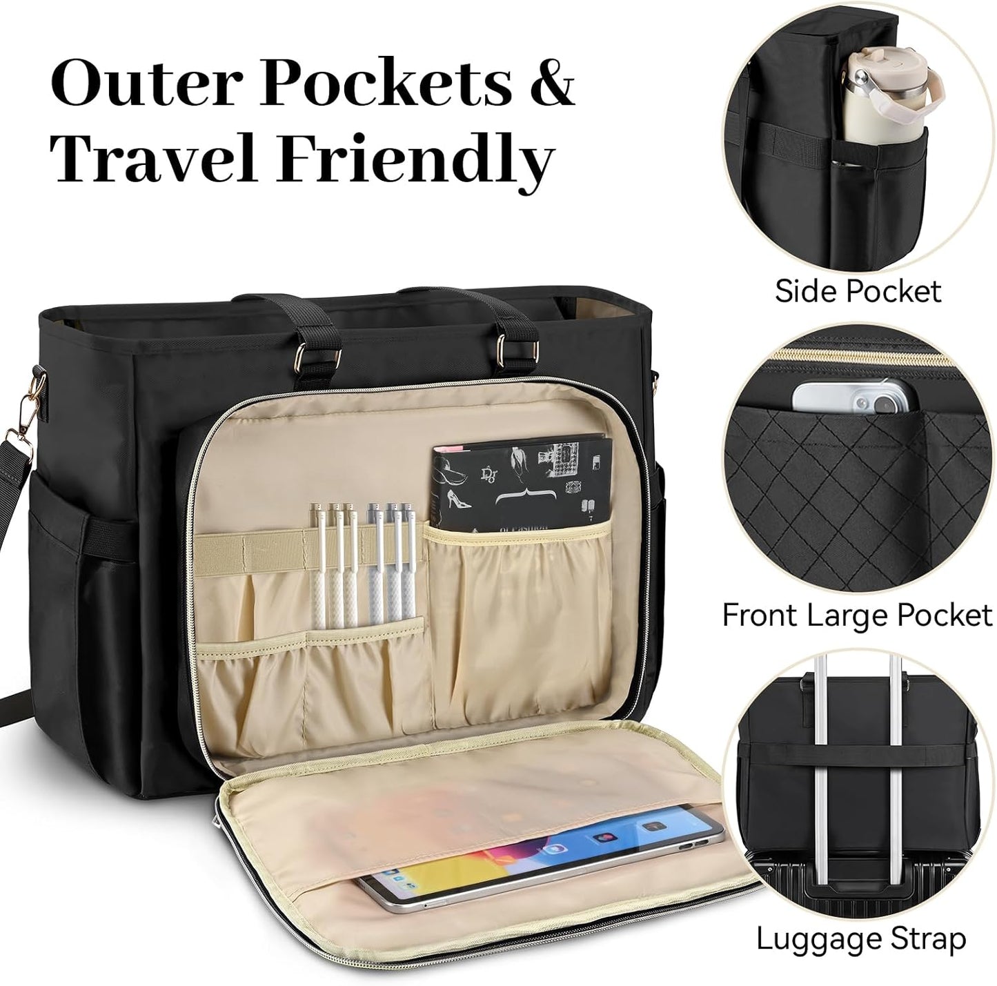 Teacher Tote Bag for Women,Multi-Pocket Laptop & Nurse Work Bag with Cup Holder,Structured Business Briefcase Computer