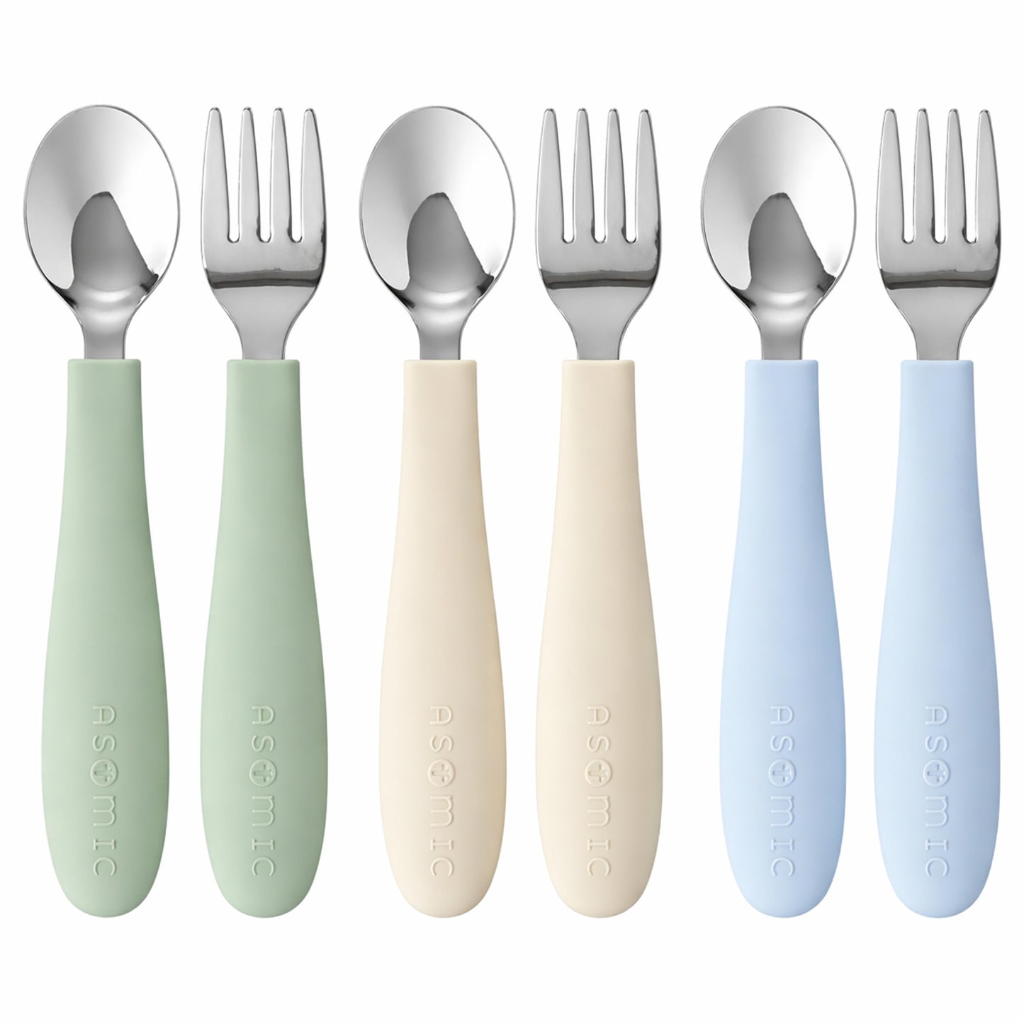 ASOMIC Toddler Utensils, 6-Piece Kids Silverware Set with Silicone Handles, 3 Forks & 3 Spoons, Premium 316 Stainless Steel, Dishwasher Safe (Sage/Sky Blue/Ivory)
