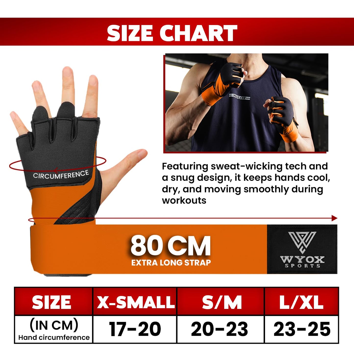 WYOX Gel Boxing Hand Wraps Inner Gloves for Men & Women, 80cm Quick Wrist Straps, Padded Knuckle Protection for Muay Thai Kickboxing, Hand Wraps for Boxing & Martial Arts (Orange, XS)