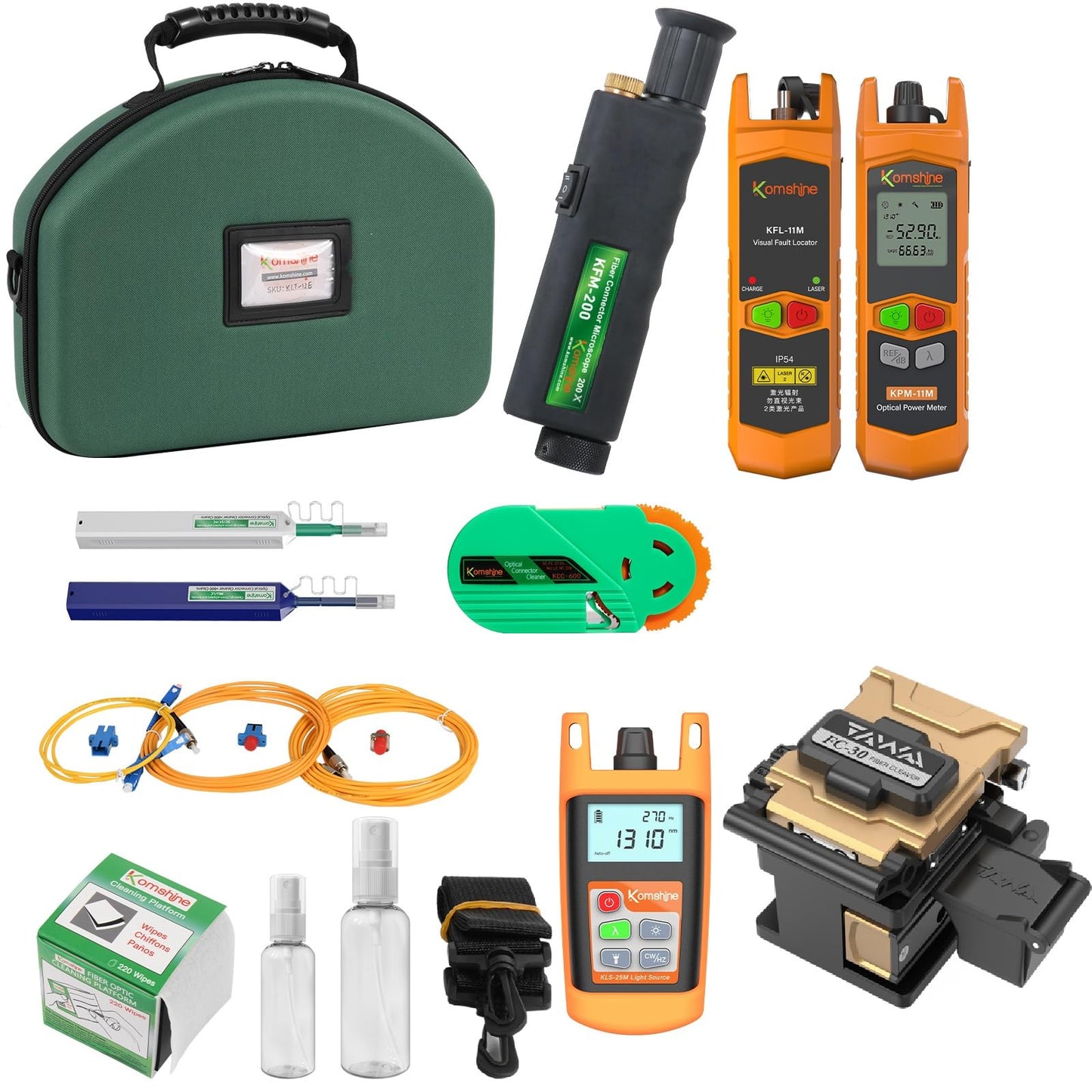 Fiber Optic Cleaver Automatic Stability FC-30 Cutter + KomShine Optical Fiber Loss Tool Kit KLT-15D FTTH 200X Magnification Microscope + OPM OLS V-FL + Cassette Cleaners, Cleaning Pens 1.25 2.5mm