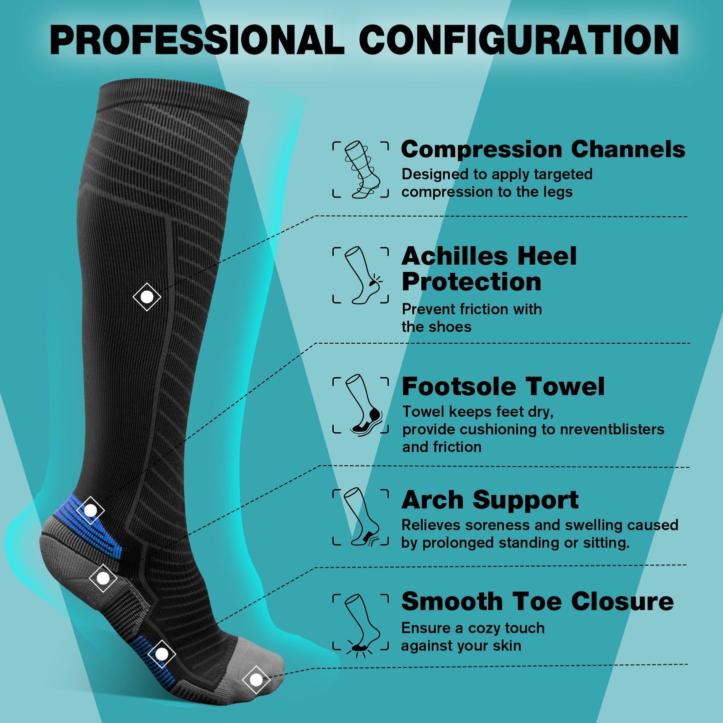 SONORAN 2 Pairs Compression Socks for Men & Women 20-30 mmHg Graduated Compression Socks Knee High Best Support for Running, Travel, Athletic L/XL（Black Blue）