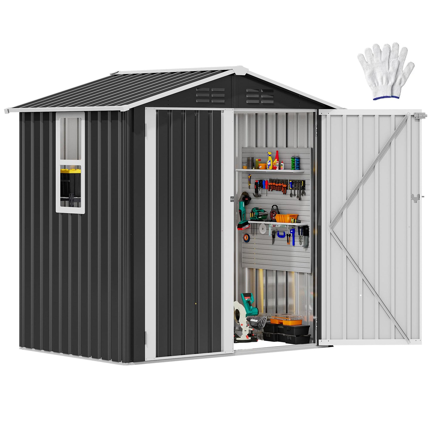 DWVO 6x4ft Large Tool Storage Shed with Window, Lockable Doors, and Sloped Roof, Oversized Steel Outdoor Storage Shed for Garden, Patio, Garage, Backyard, Lawn - Gray White
