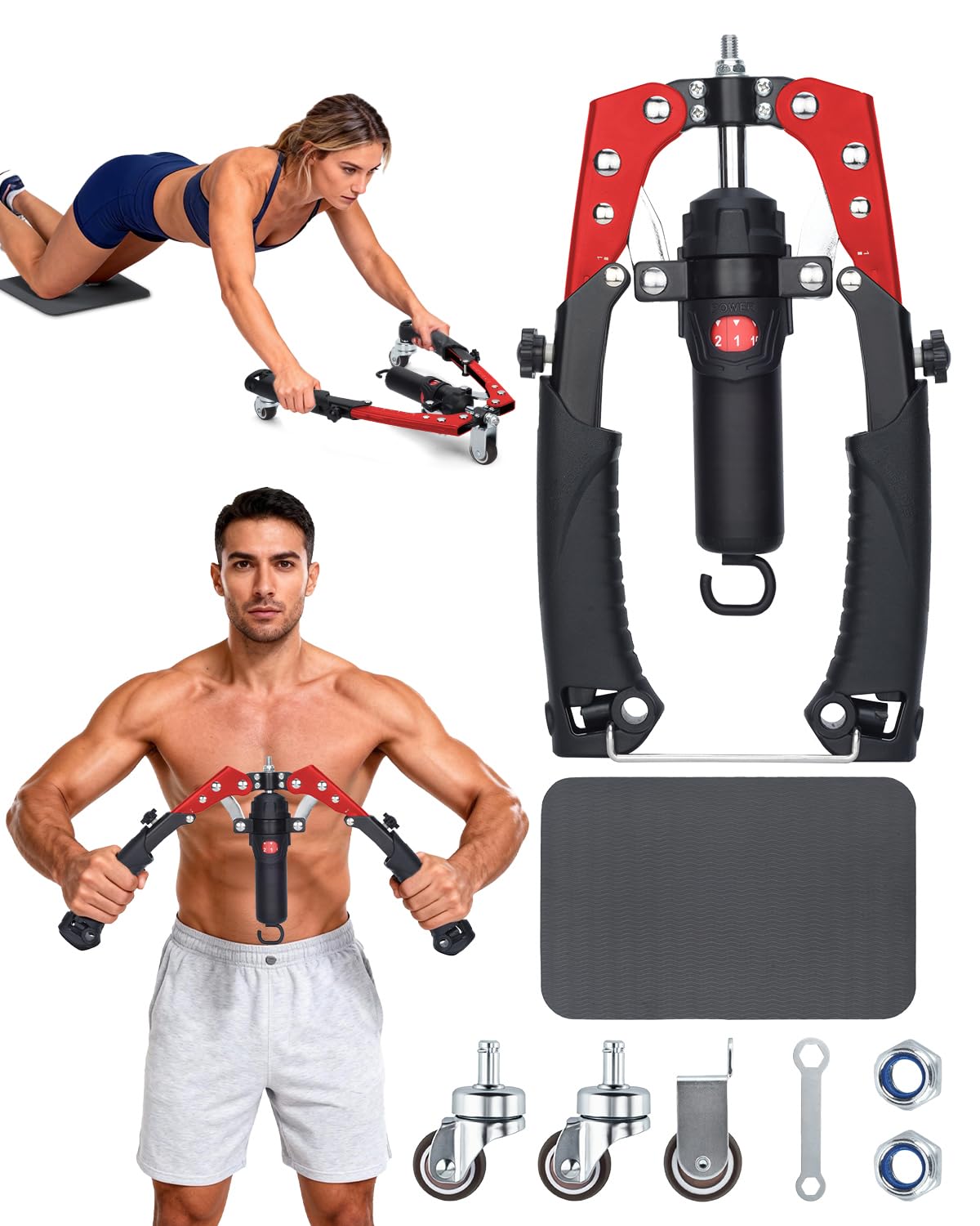 Abahub 2-in-1 Arm Trainer with AB Roller Wheels, Enhanced Hydraulic Power Twister Arm Trainer, 22-440LBS Adjustable Resistance Home Gym Equipment for Arm, Chest, Core & Full Body Workout, Red