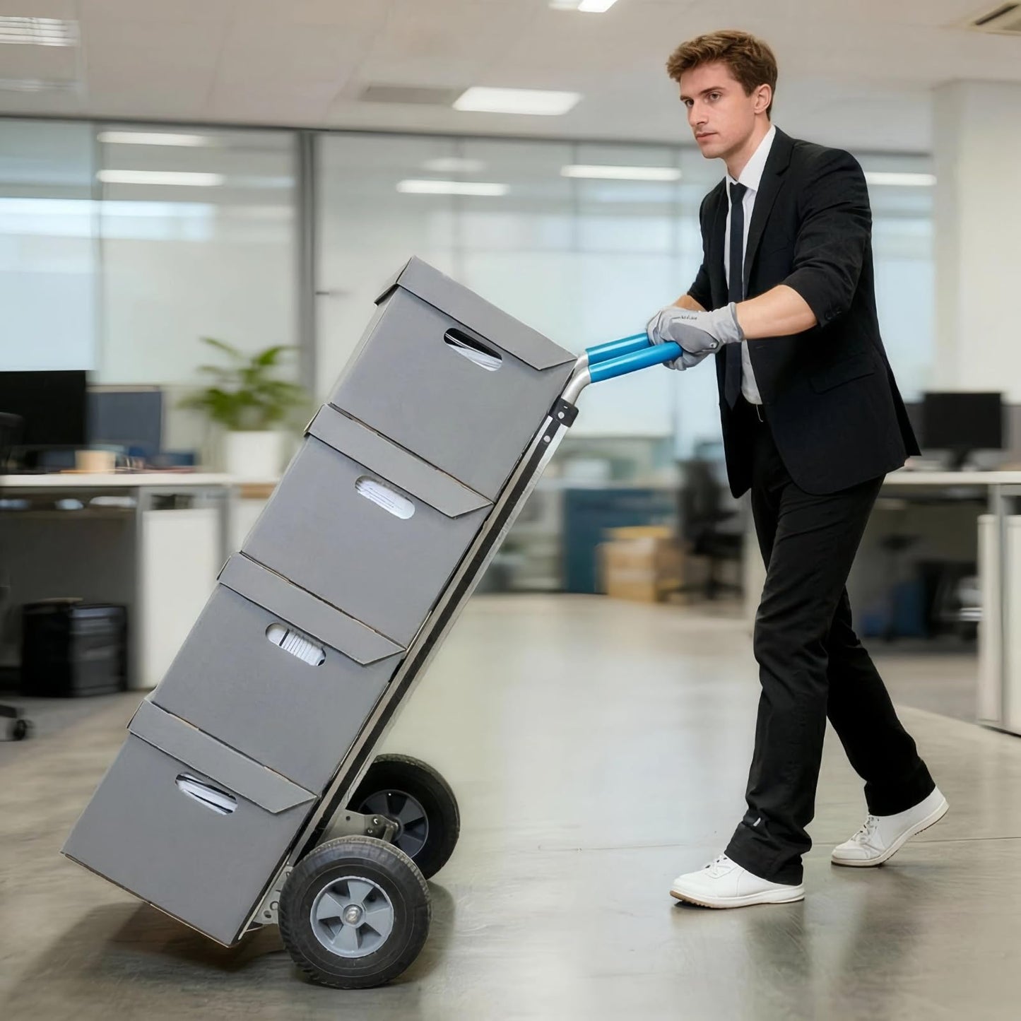 Heavy Duty Aluminum Hand Truck – 550 lbs Capacity, Ergonomic Curved Handle, 10" Solid Rubber Wheels, Beveled Nose Plate for Easy Loading & Transport