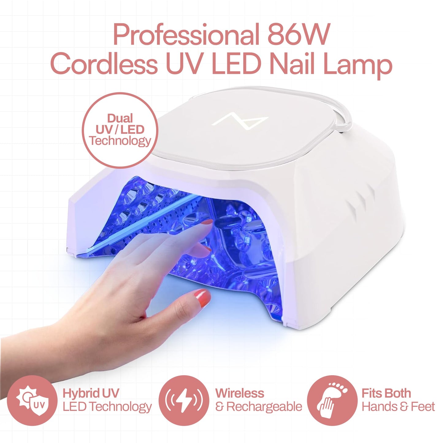 M - GlowPro Professional Hybrid 86W Wireless Rechargeable UV LED Nail Curing Lamp Cordless Nail Dryer for Gel Nails, Manicure, Pedicure (Pink)