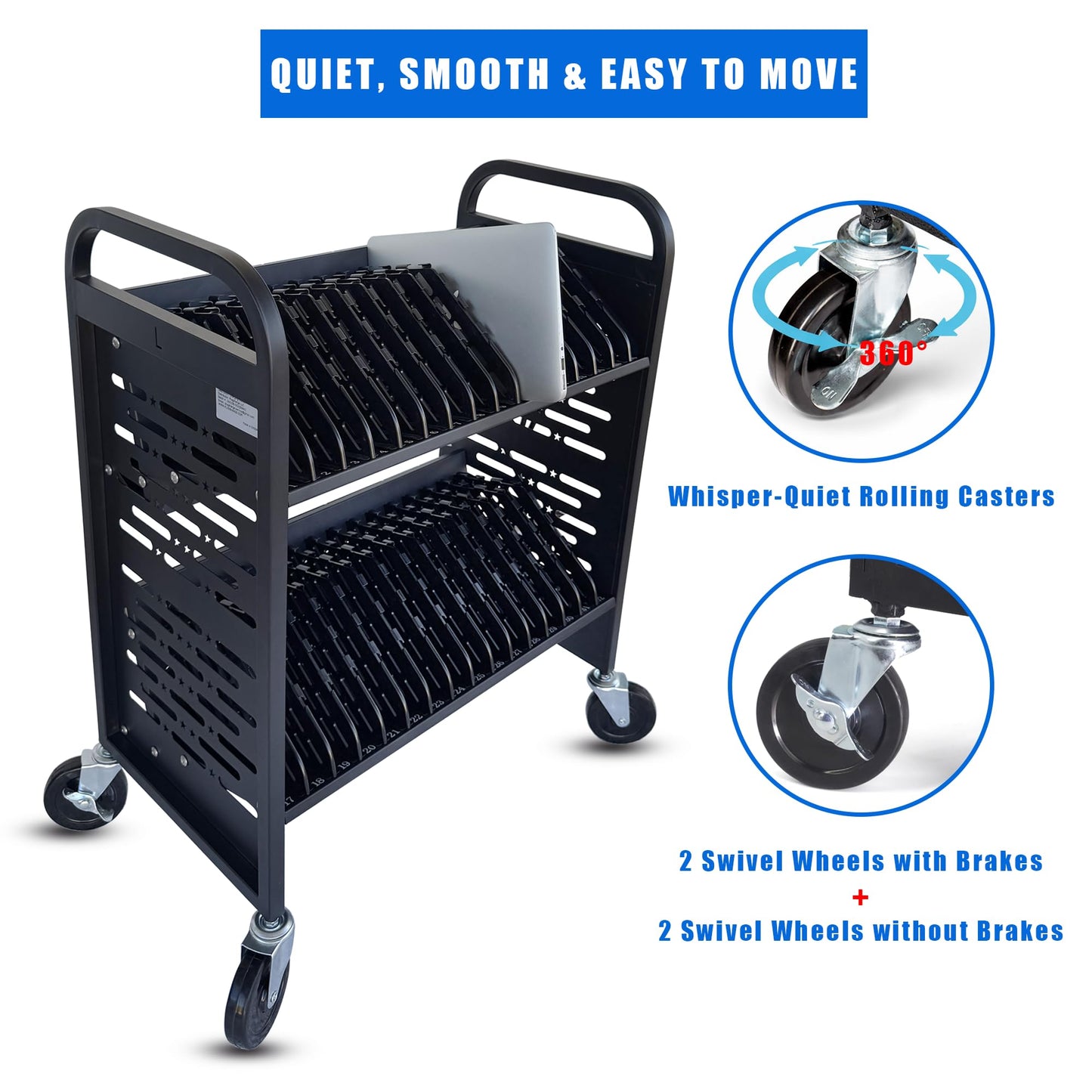 Plugsharge 32-Device Laptop & Tablet Charging Cart for Classroom, Mobile Chromebook Charging Station with Cable Management, Surge Protection, Locking Wheels & Device Storage for Schools & Offices