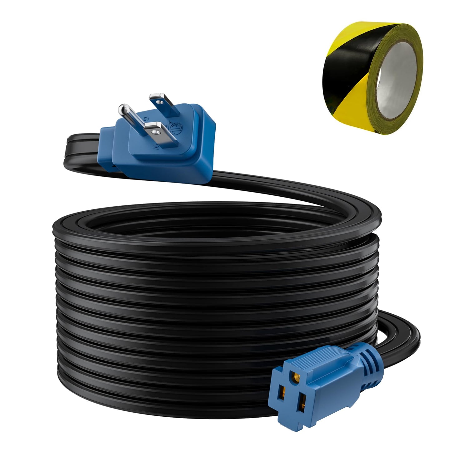 Flat 12 Gauge AWG Appliance Power Extension Cord 100 FT Blue, Heavy Duty 3 Prong Right-Angle Flat Plug Low Profile Cable, SPT-3 15A 125V for AC Fridge Dryer Tool Microwave Oven -ETL+Caution Tape