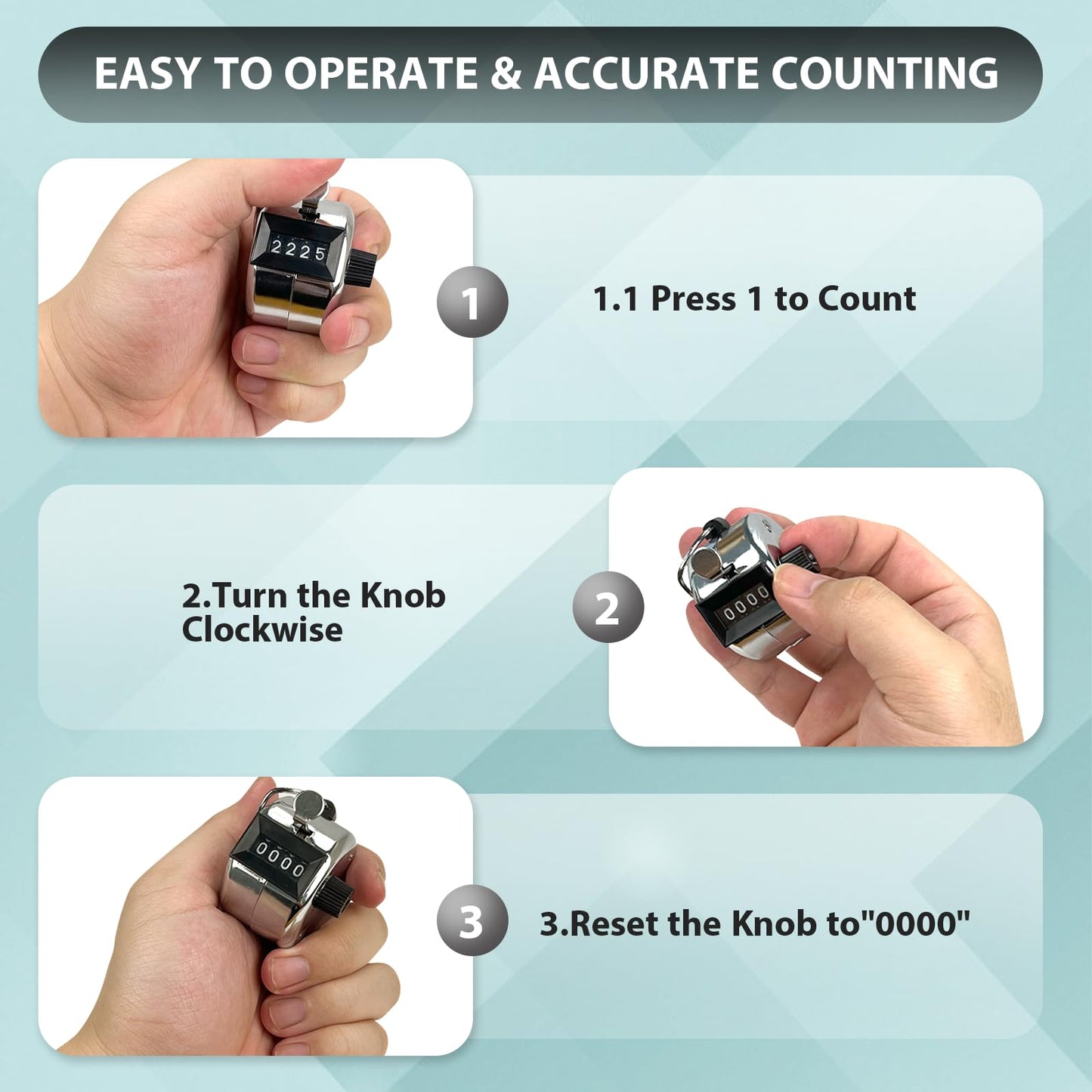 POXXU 6 Pack Clicker Counter,Metal Hand Tally Counters Clicker with Black Nylon Lanyard,4 Digit Display Pitch Counter for Knitting,Coaching,Golf,Lap,Fishing,Umpire,Baseball,Row Sport (Silver Color)