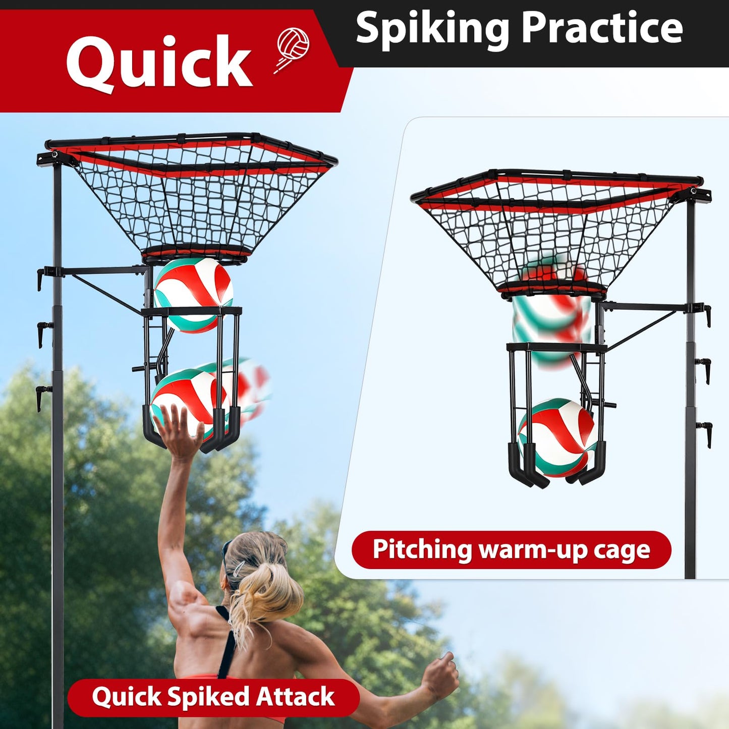 AugFir Volleyball Setter & Spike Trainer, Adjustable Height 93"-126" Volleyball Trainer with 88LBS Sandbag Base & Transport Wheels, Solo Practice Tool for Indoor & Outdoor Use Spiking & Drills