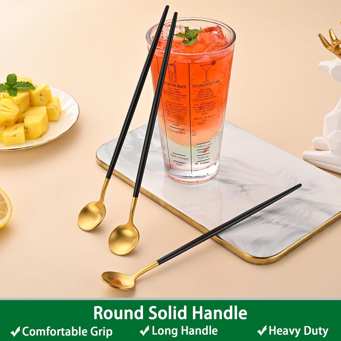 DEHOV 4 PCs 9 Inches Brush Gold Stainless Steel 304 Iced Tea Spoons With Black Handle,Long Handle Coffee Stirring Spoon,SS18/10 Long Latte Spoons Set