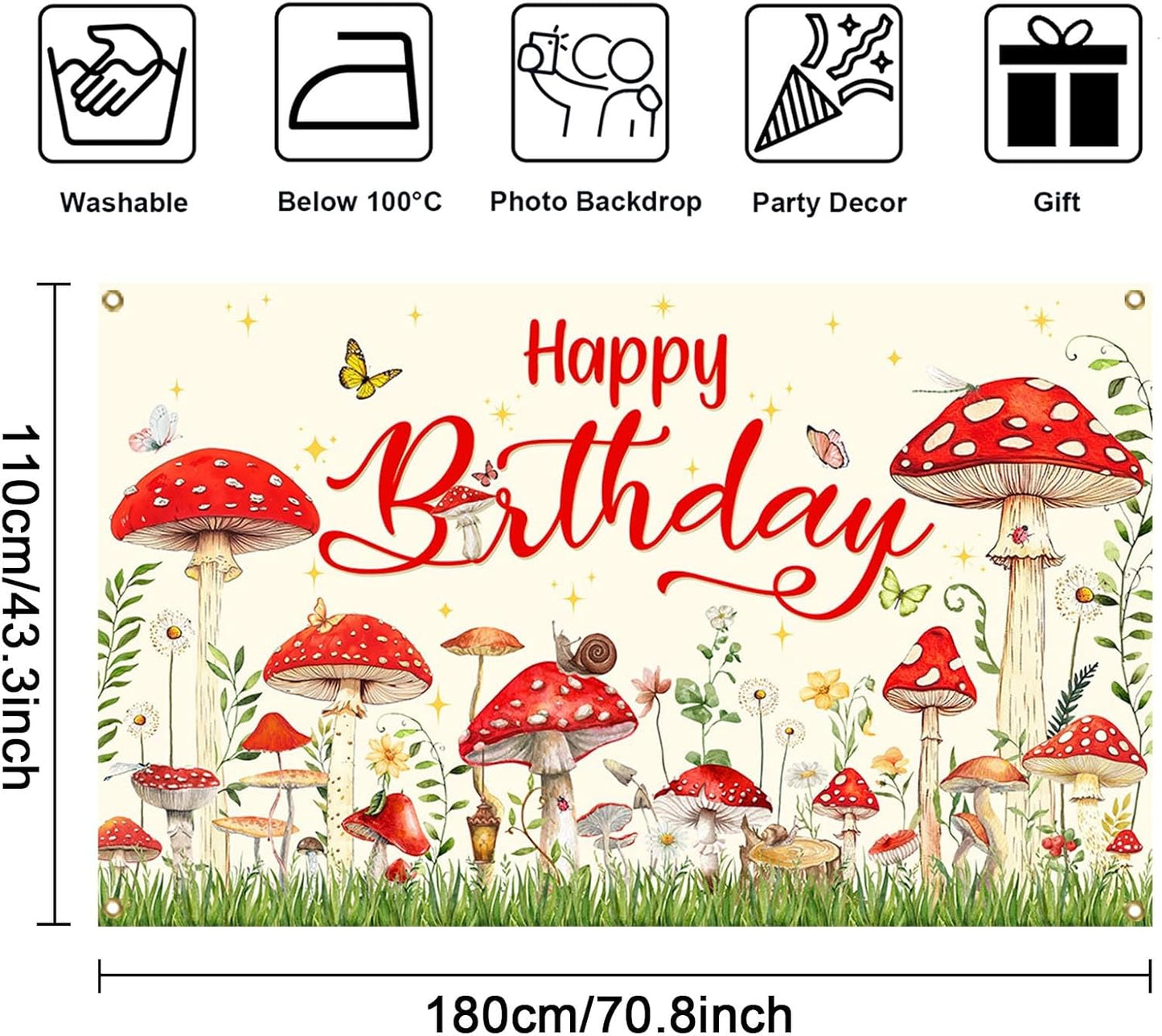 Mocsicka 70.8x43.3 inch) Mushroom Birthday Banner Backdrop Red Mushroom Birthday Party Banner Mushroom Birthday Party