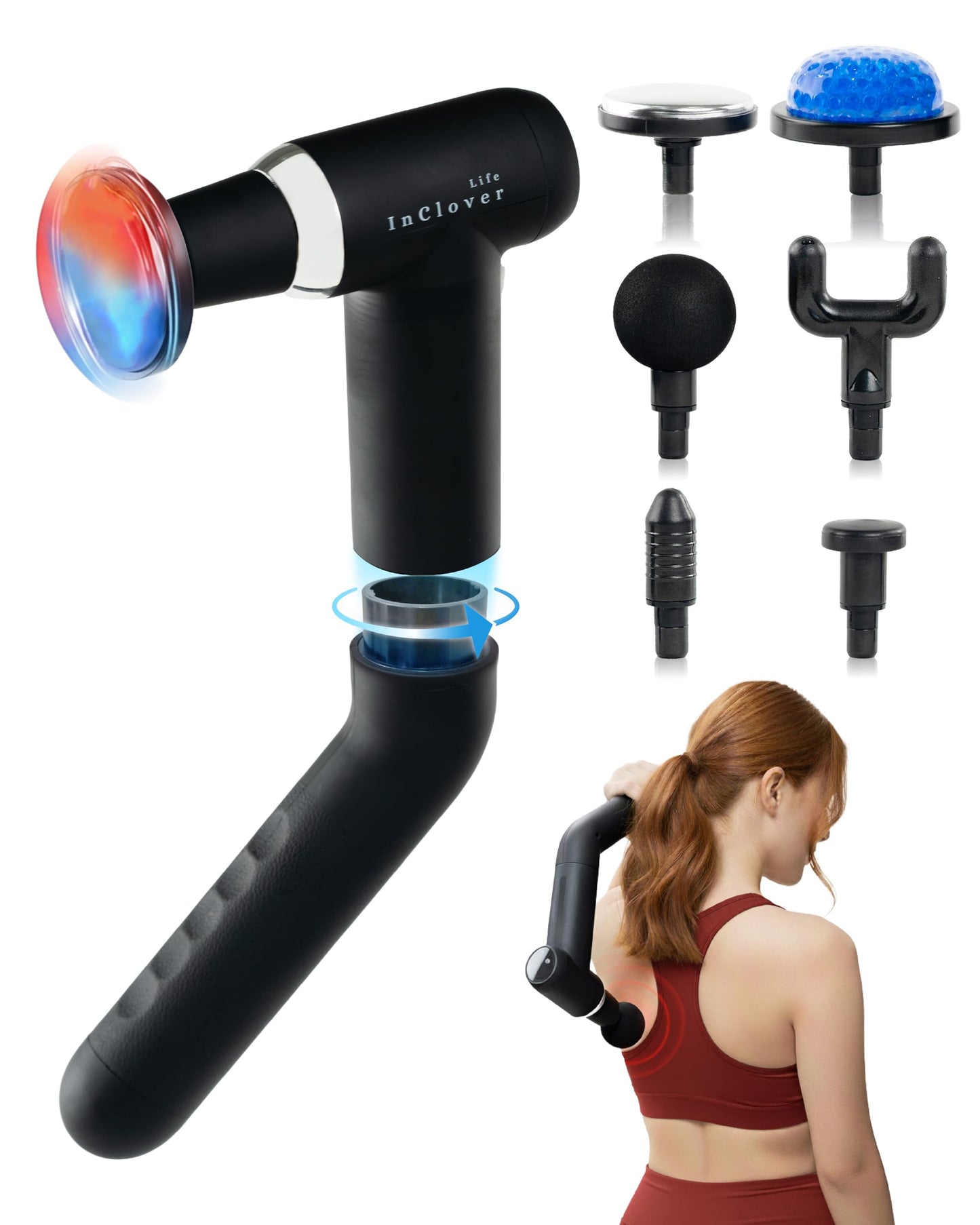 InClover Life Massage Gun with Detachable Extension Handle for Deep Tissue Muscle Massage – Handheld Back & Shoulder Percussion Heated Massager for Men & Women. Professional Pain Relief Massage Tool.