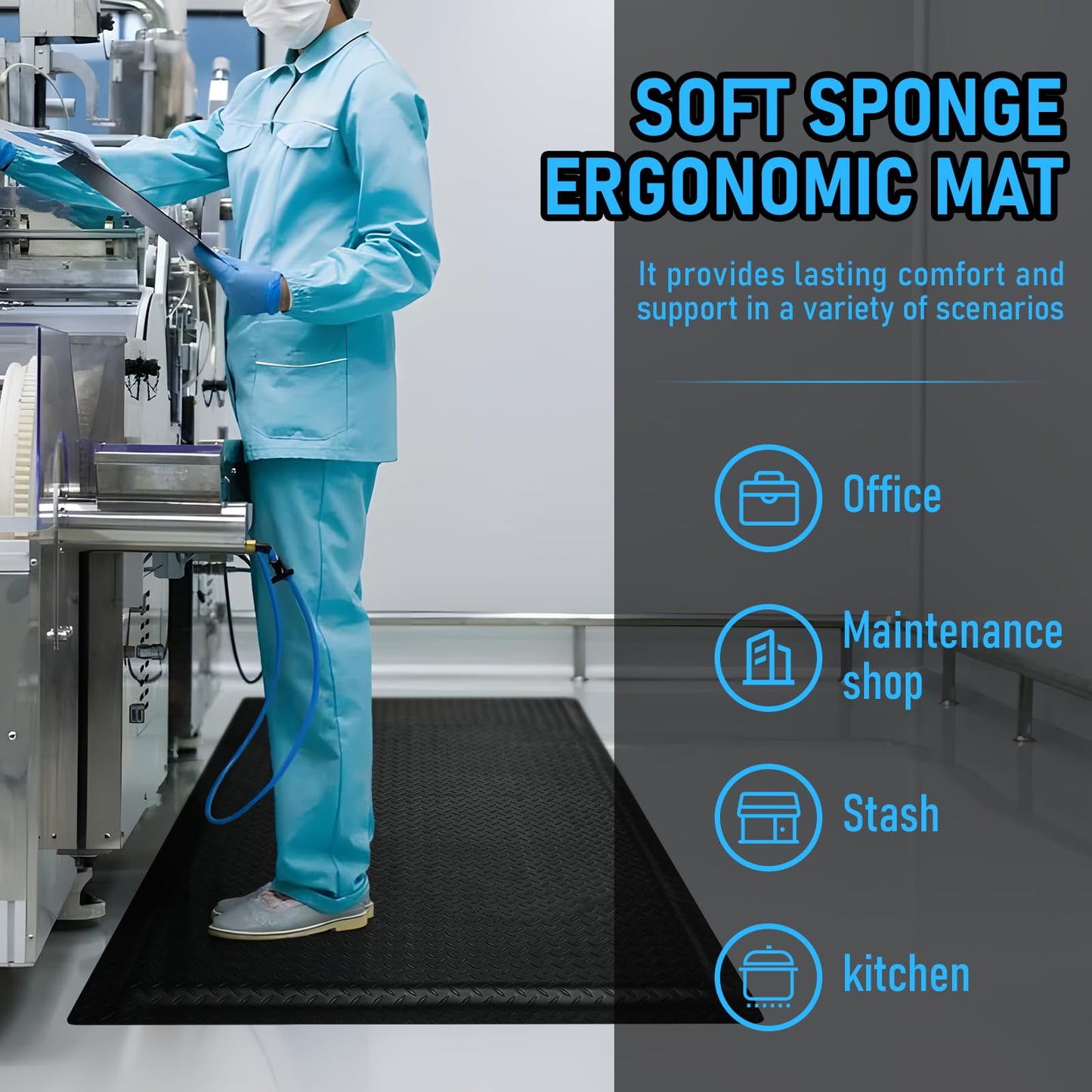 GOOFCXO 3 x 7 FT Anti Fatigue Mats Industrial 15/16 Inch Thick Soft Sponge Ergonomic Mat Durable Heavy Duty Diamond Plate for Standing Non Slip Industrial Grade Floor Mat for Leg & Back Pain Black