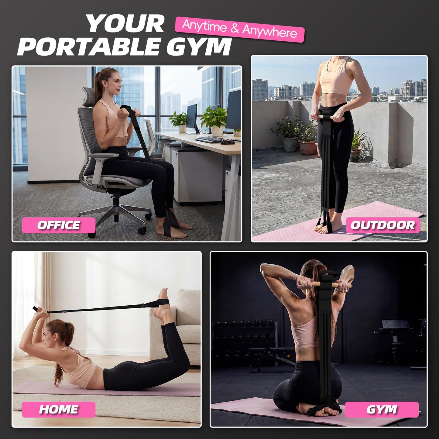 Pedal Resistance Bands with Handles, Upgrade Adjustable Manual Tension Training Pedal, Fabric Resistance Band with Wood Handles, Multifunction Fitness Bands for Abdomen, Waist, Arm, Leg (Black)