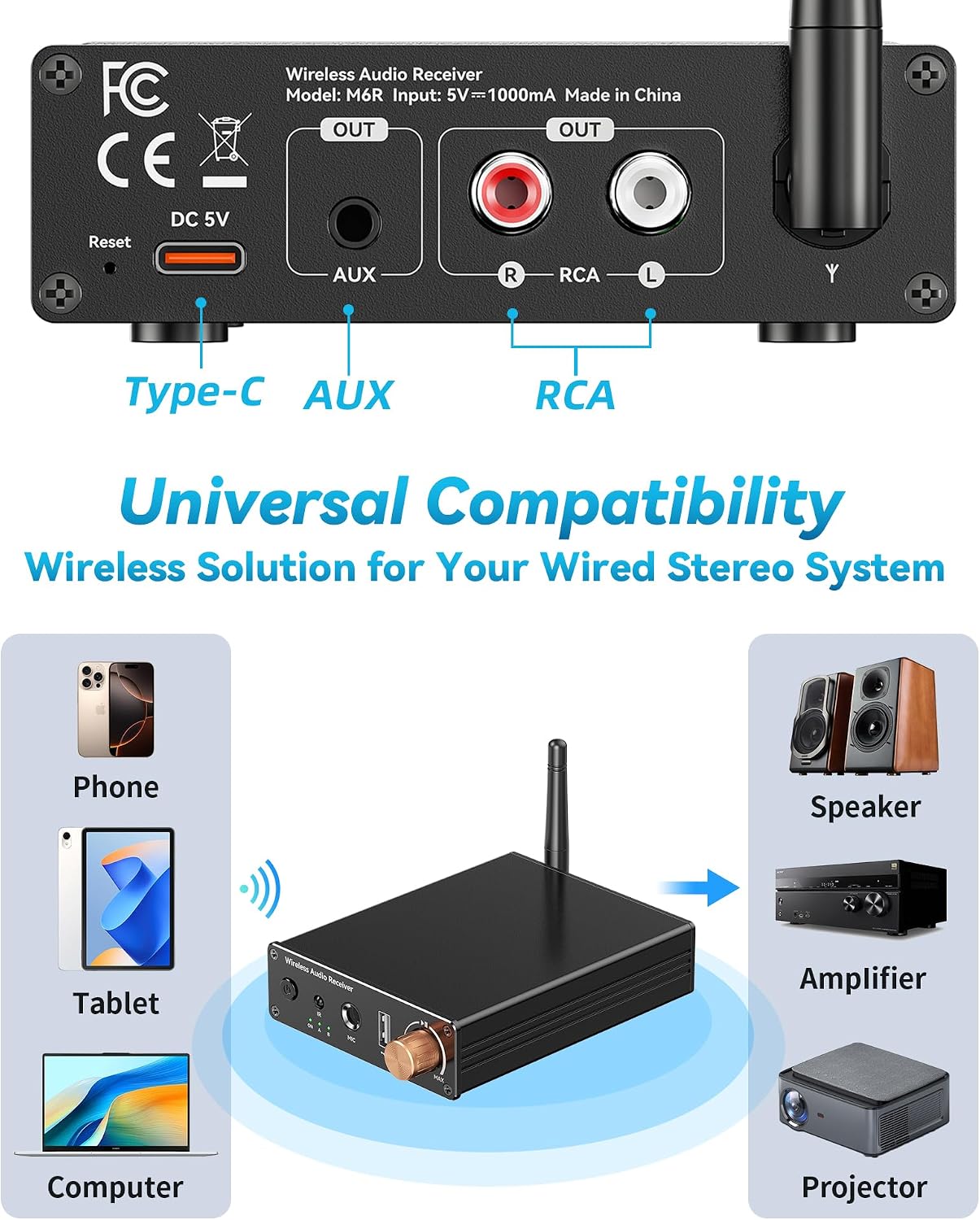 Rylithon 6.0 3.5mm/RCA, Bluetooth Receiver, Hi-Fi Adapter with Wireless Long-Range Low-Latency, Suitable for Home Audio