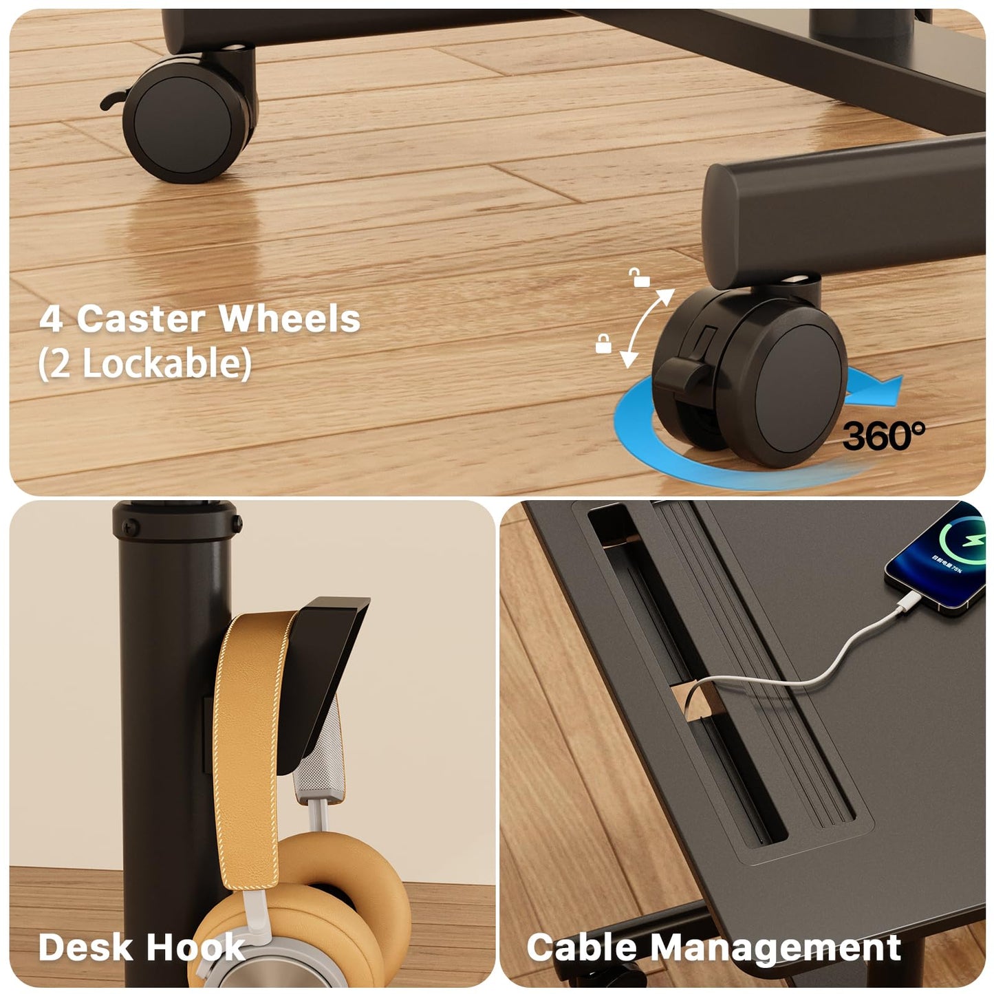 JYLH JOYSEEKER Mobile Standing Desk, 28 inch Rolling Standing Laptop Desk with Cup Holder, Mobile Desk Workstation with Wheels, Portable Computer Desk Cart with Hook for Home Office, Black