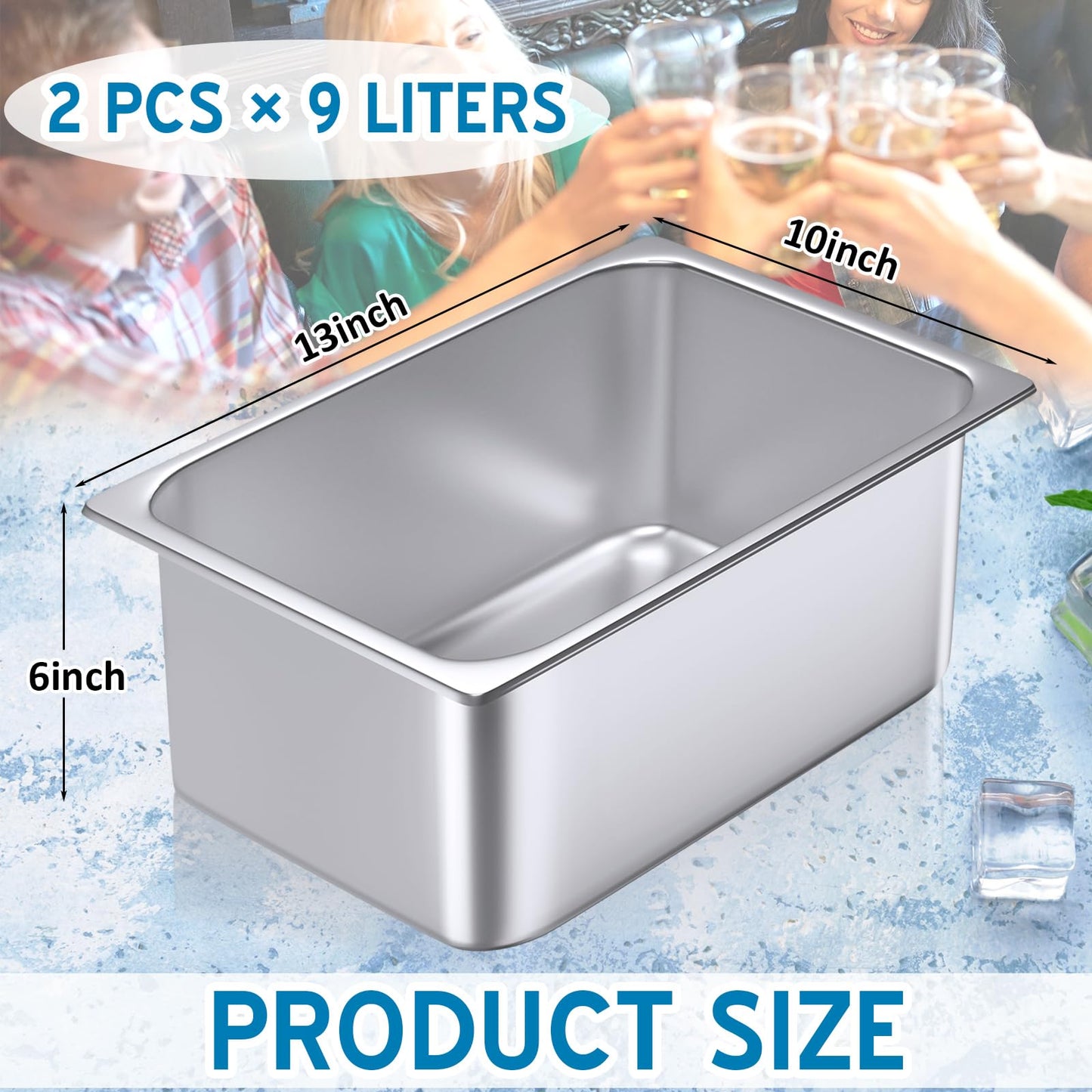 meekoo 2 Pack Ice Buckets for Freezer Wine Beer Champagne Bucket Stainless Steel Bin for Freezer Metal Drink Buckets Cocktails Wine Cooling for Mimosa Bar Supplies (9 Liters)