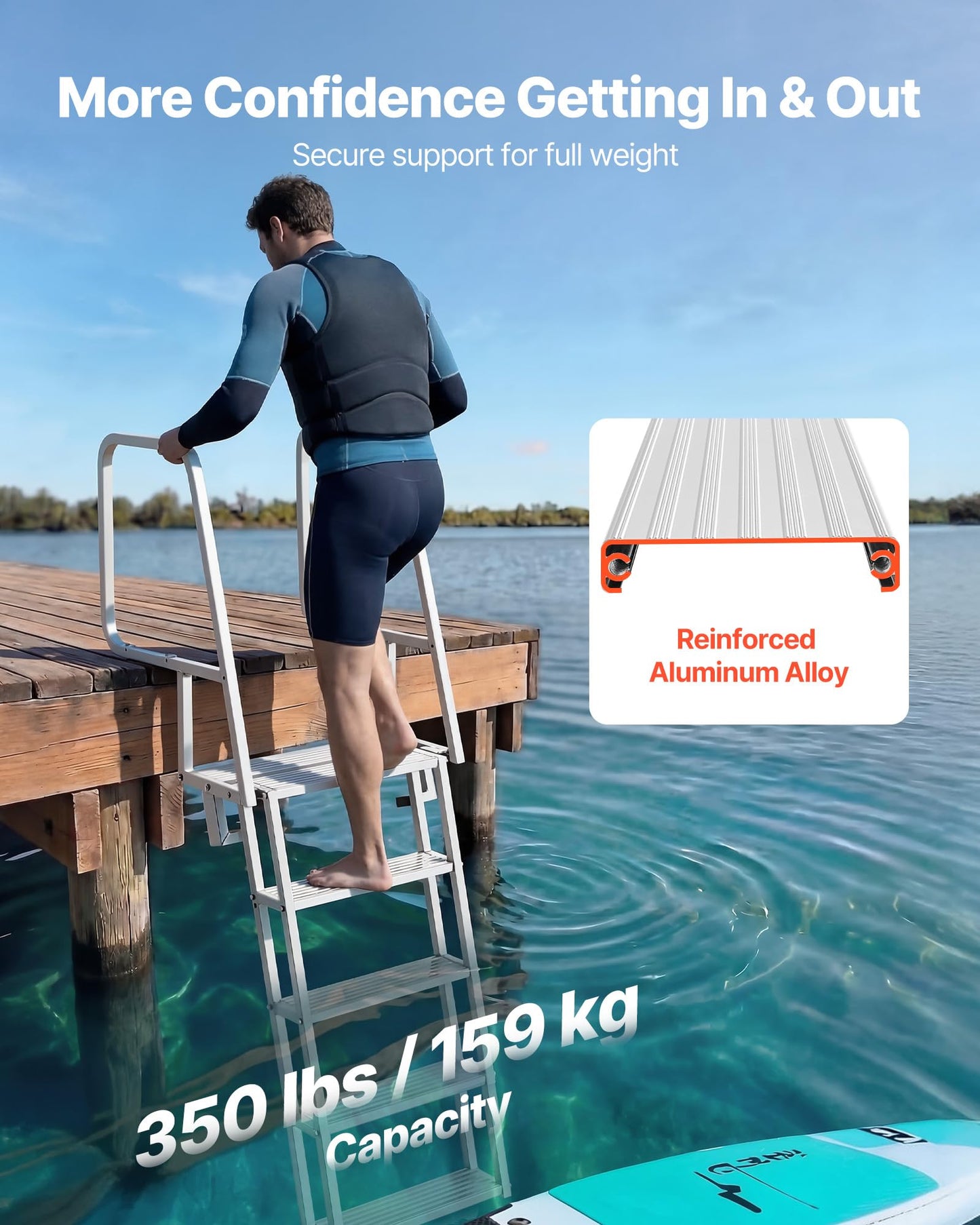VEVOR Flip-Up Dock Ladder, 5-Step, Heavy-Duty Aluminum Alloy Pontoon Boat Swim Ladder, with Non-Slip Wide Steps, 350 lbs Weight Capacity, Pull Rope Assist, Comfort Use for Lake Pool Marine Boarding