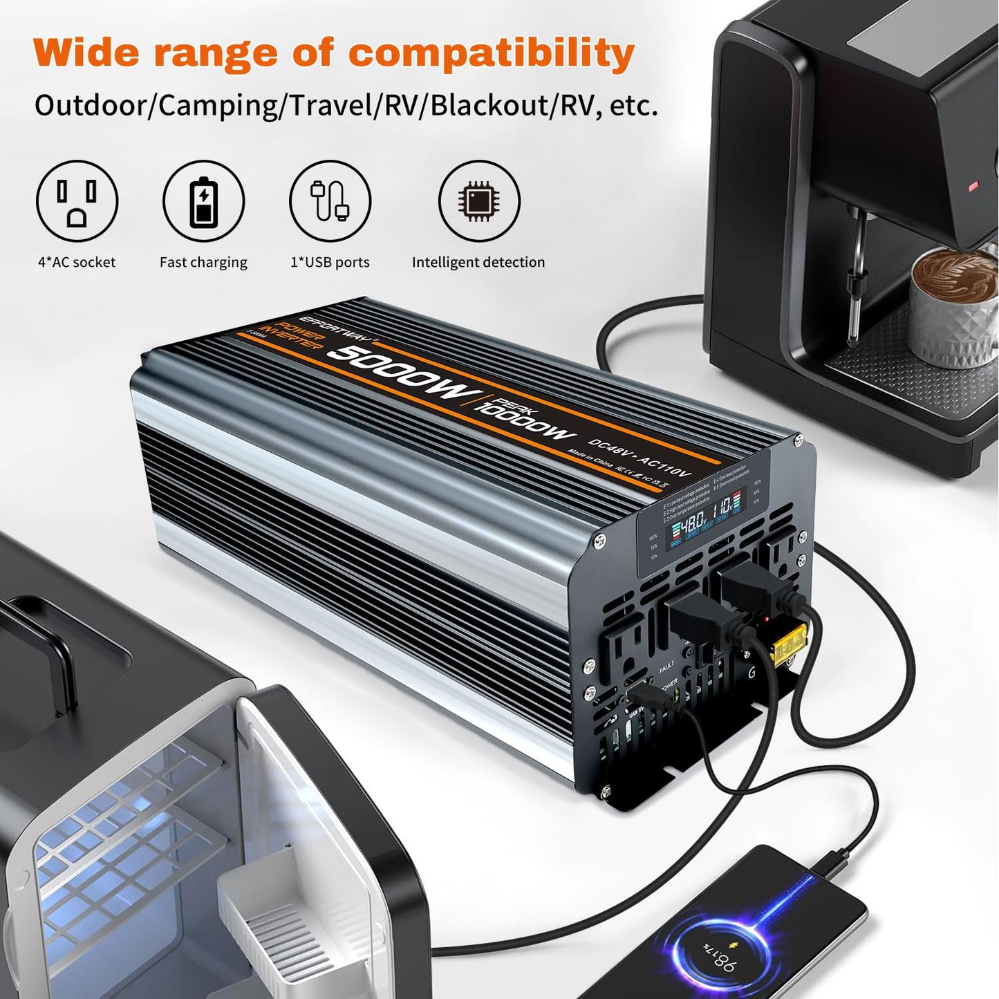 EFFORTWAY Power Inverter DC 48V to AC 110V/120V Converter with LCD Display, Wireless Controller, Cable Pair,AC outlets USB.RV Travel,Suitable for Camping,and Off-Grid Solar Systems (5000w -48v)