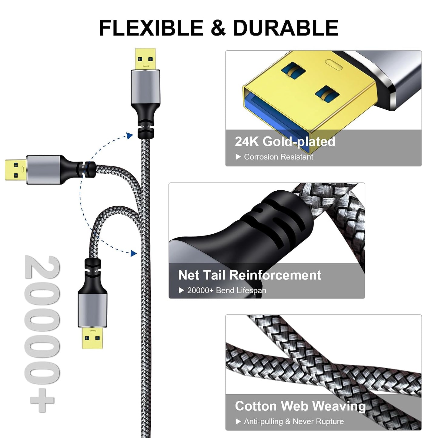 3.0 1Ft, 1FT) Tan QY USB A to A Male Cable USB Male to Male Cable Double End USB Cord Compatible with Hard Drive