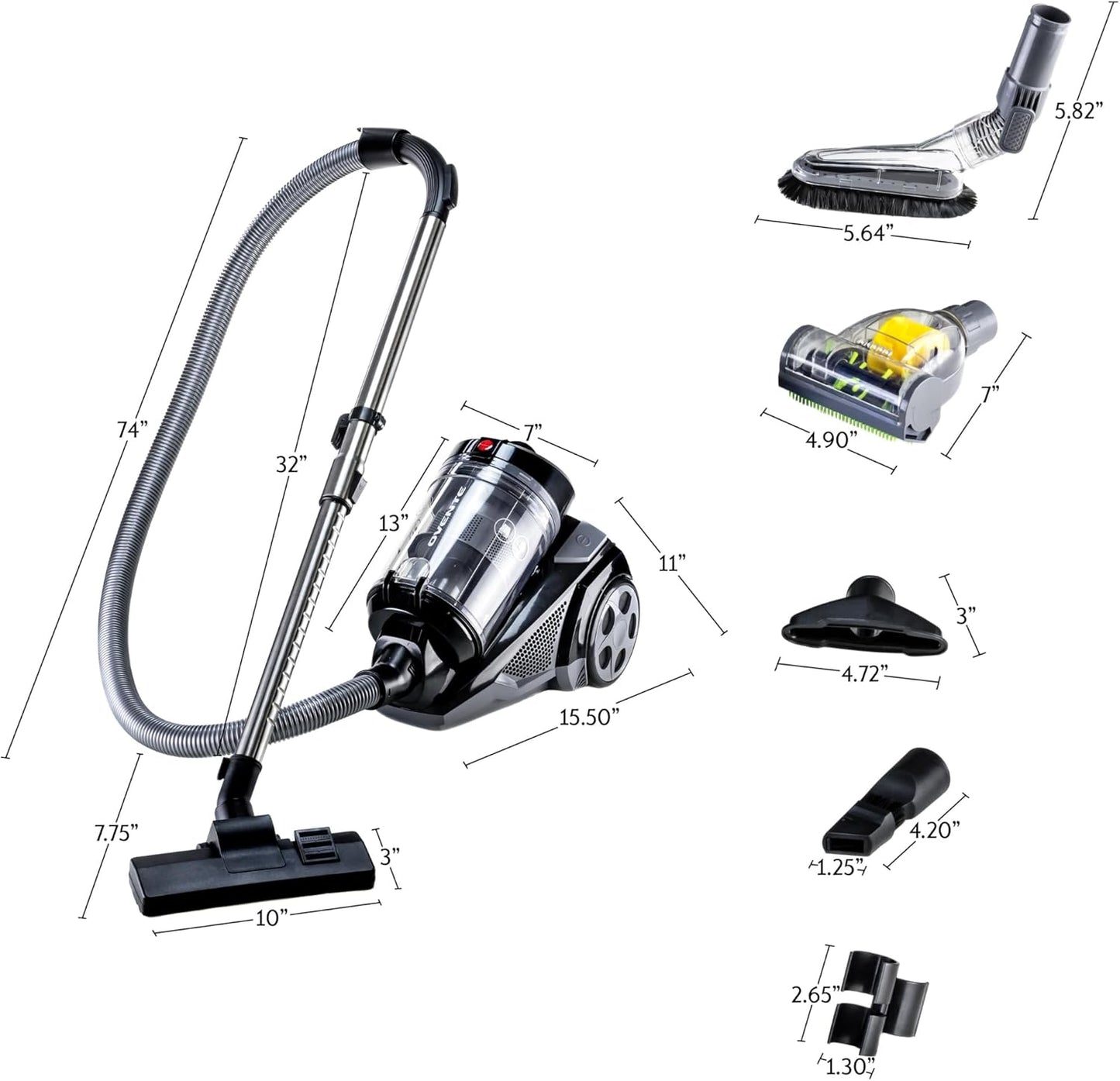 OVENTE Bagless Canister Vacuum Cleaner - 1400W Powerful Suction, 3L Dust Cup, Lightweight, Black
