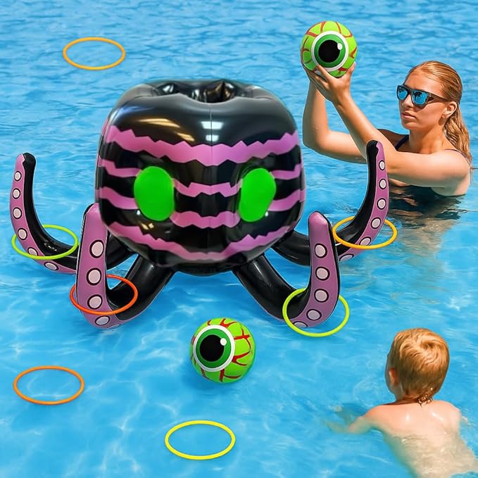 GIFTEXPRESS Sea Creature Octopus Ring Toss Game 4-in-1 – Halloween Candy Bowl, Basketball Hoop, Pool Toy & Spooky Party Décor for Kids & Adults, Indoor/Outdoor Water Game
