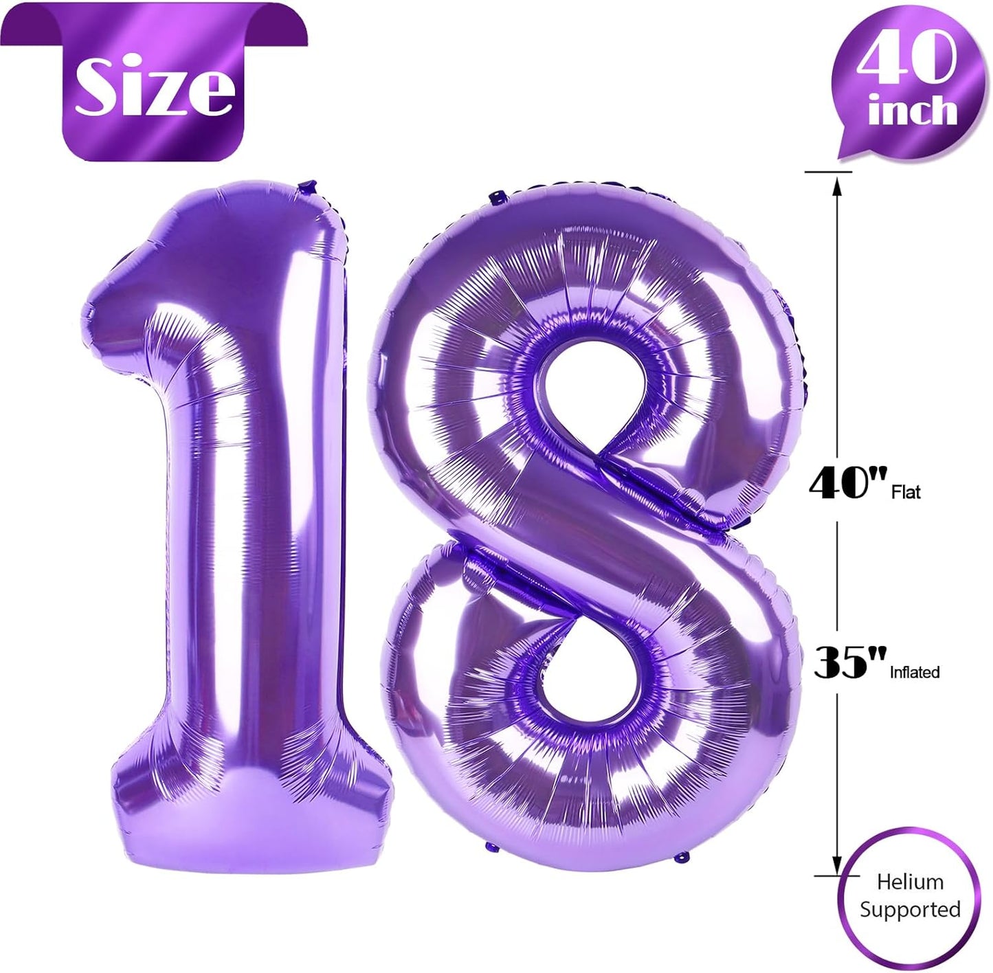 Purple Number 18 Balloon - 40 Inch 18th Birthday Decoration for Girls & Boys Party Supplies