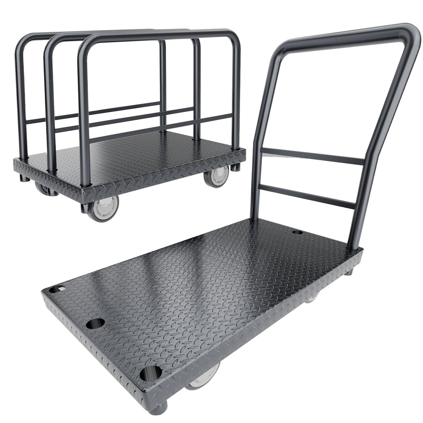 POHADR Panel Cart 2in1 Drywall Cart 38" x 24" Platform Truck 2500 lbs Capacity Flatbed Cart with 1Front and 3 Side Handrails& Swivel Casters