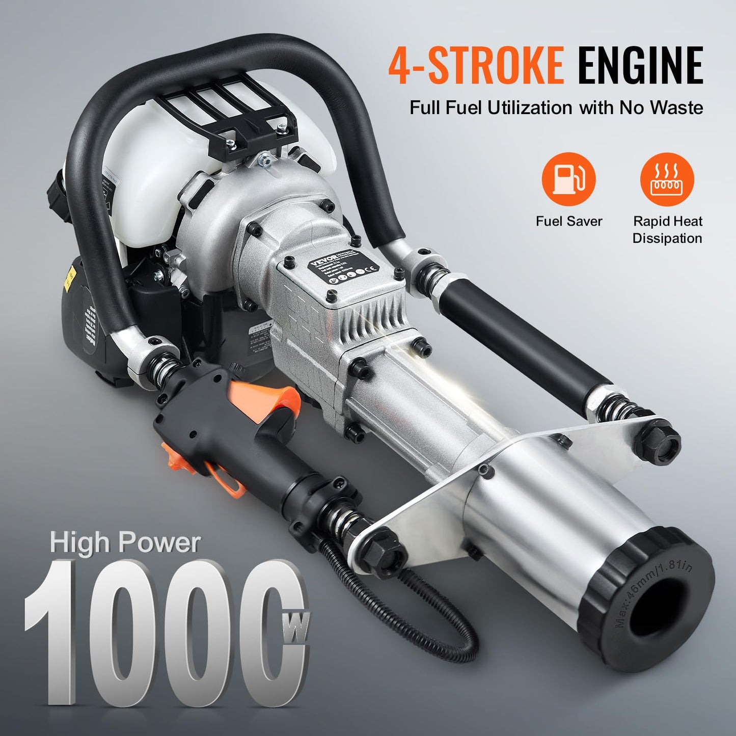 VEVOR 37.77cc Gas-Powered T Post Driver, 4-Stroke Engine Gasoline Fence Piling Pounder, with 3 Post Driving Head(45/55/88 mm), 1000W Portable Piledriver For Farm, Ranch Fencing, Road Improvements