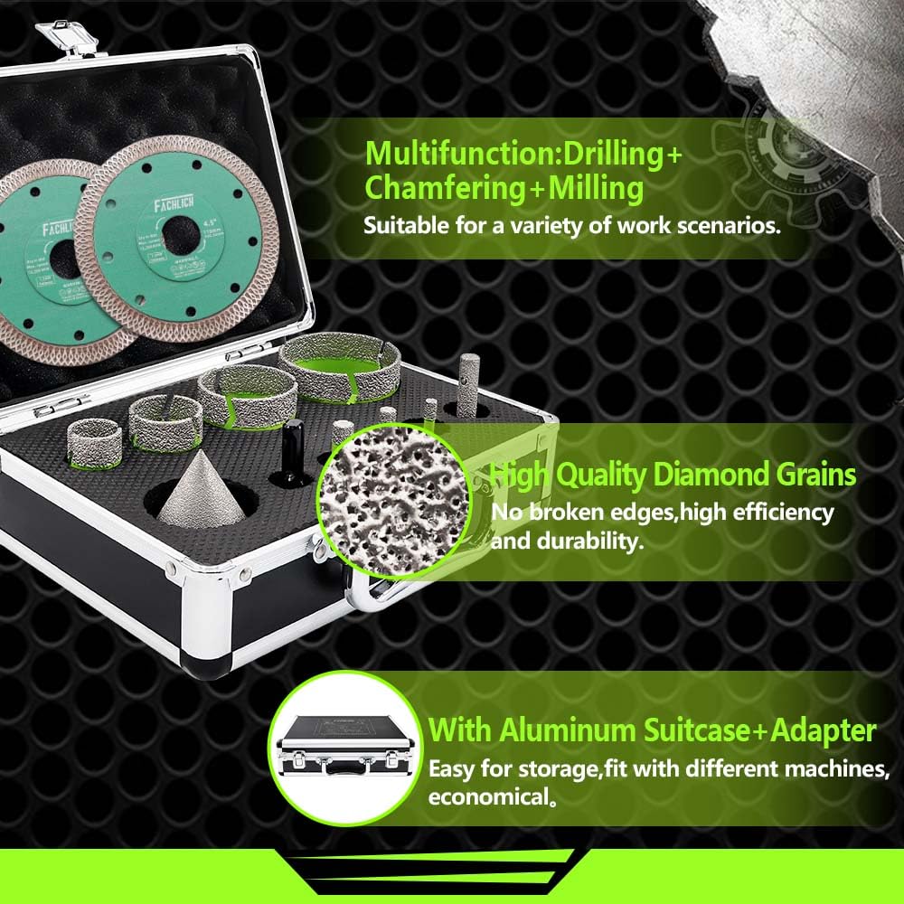 Tile Hole Saw Kit Diamond - (6/8/10/25/35/50/65mm Drill Bits+Finger Bit+Chamfer Bit+Adapter+Tile Blade) Diamond Hole Saw Kit for Porcelain Ceramic Marble Brick Granite,5/8"-11 Thread