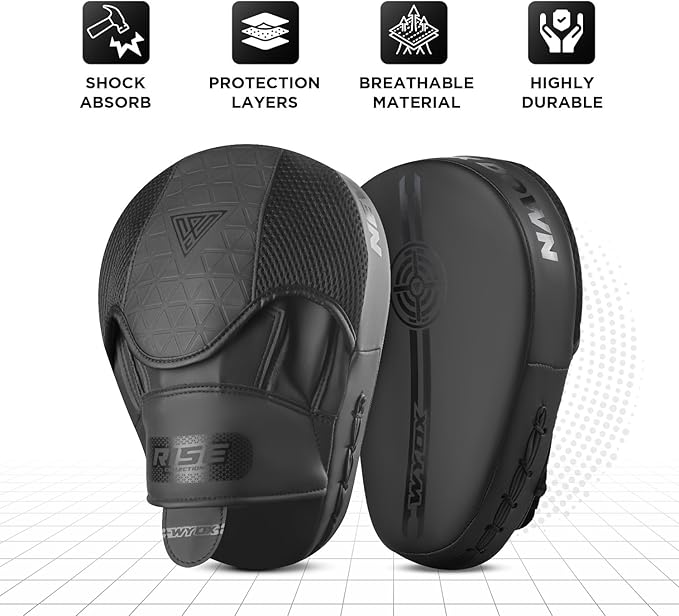 WYOX Curved Focus Mitts for Boxing & MMA | Durable PU Leather Punching Pads with Adjustable Strap | Ideal for Muay Thai, Kickboxing, Martial Arts Training – Hand Target Strike Shield for Men & Women