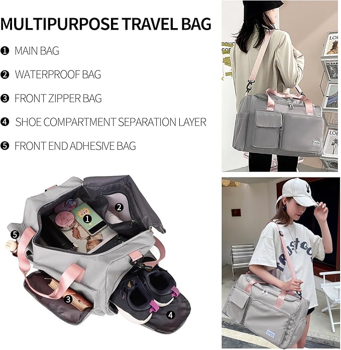 Travel Duffel Tote Bag with Dry Wet Separation Pocket, Weekender Bag for Women and Men，Waterproof Bag with Shoe Compartment Lightweight and Easy Carry on Grey