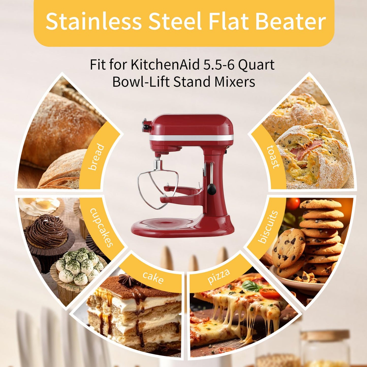 6 QT Flat Beater for KitchenAid Mixer, Stainless Steel Flat Beater Attachment for KitchenAid 5.5-6 Quart Bowl-Lift Stand Mixers, Fits Models KV25G0X, KP26M1X, Pro 600 Series
