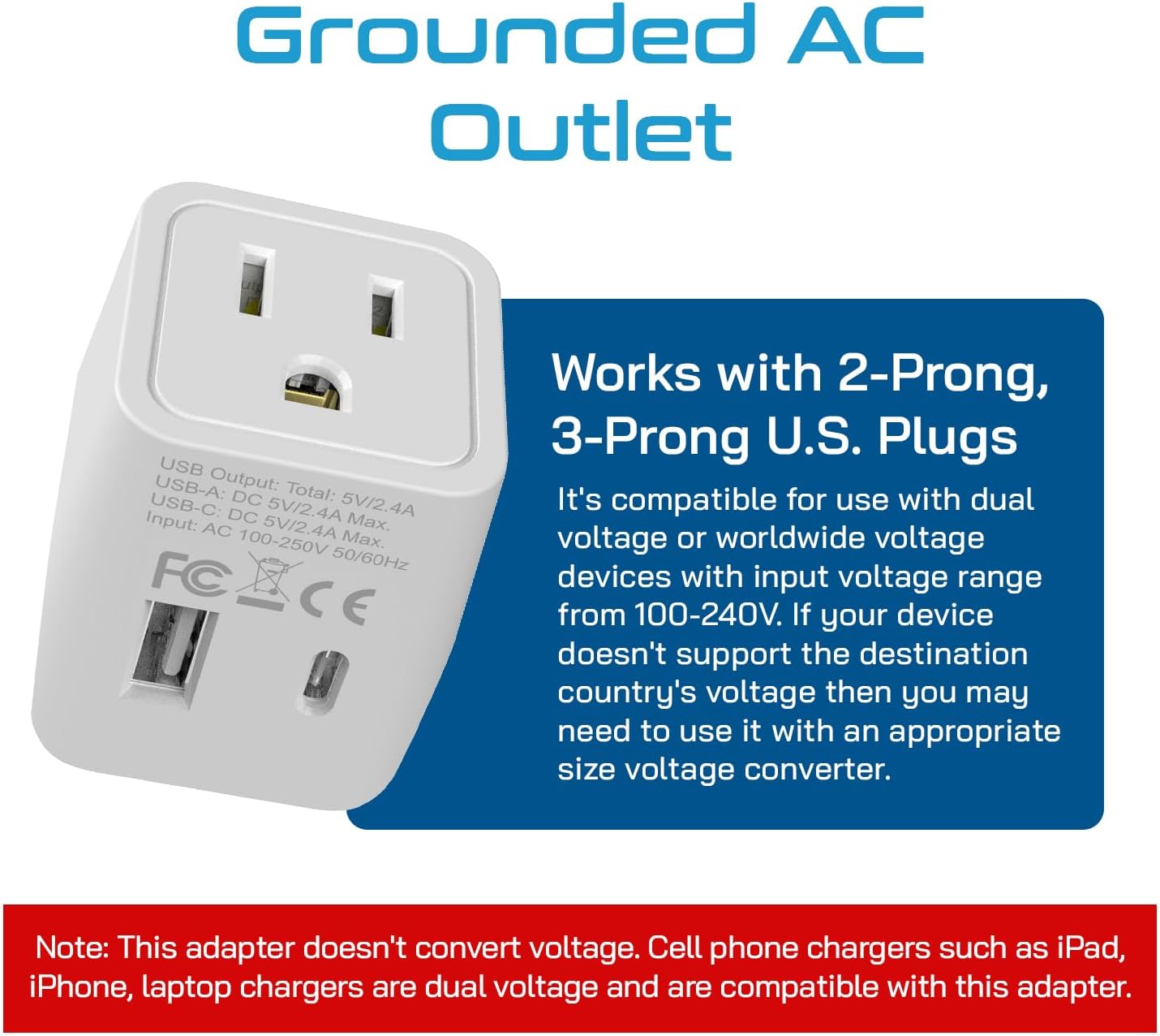 Ceptics (CTU-6) Japan, Philippines Travel Adapter Plug with USB-A + USB-C - Usa Input - Type A - Ultra Compact
