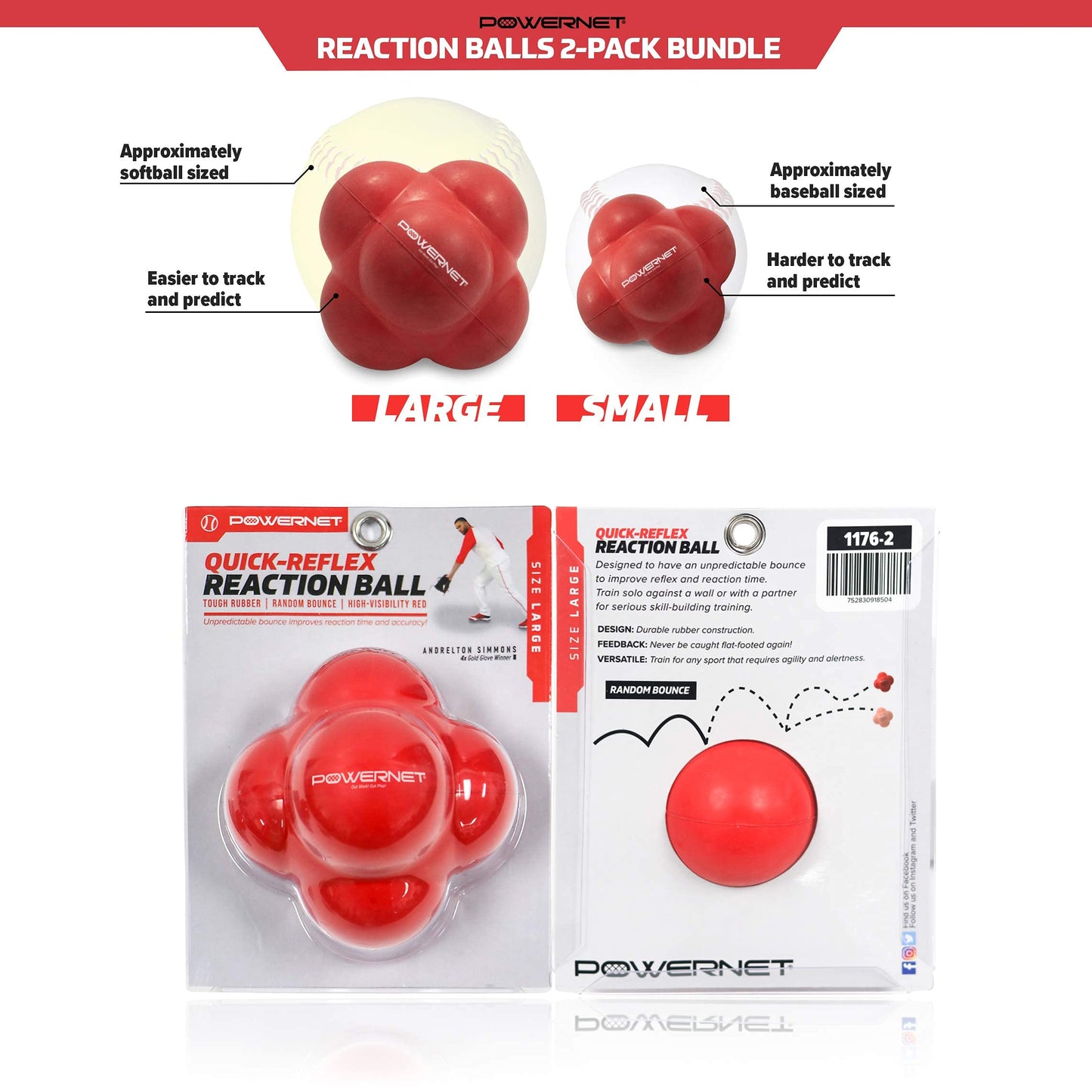 PowerNet Reaction Balls, Reflex & Agility Trainer, Hand-Eye Coordination Training, Reaction Speed Training Equipment, Baseball Softball Soccer and Boxing Reflex Ball (2-PK)