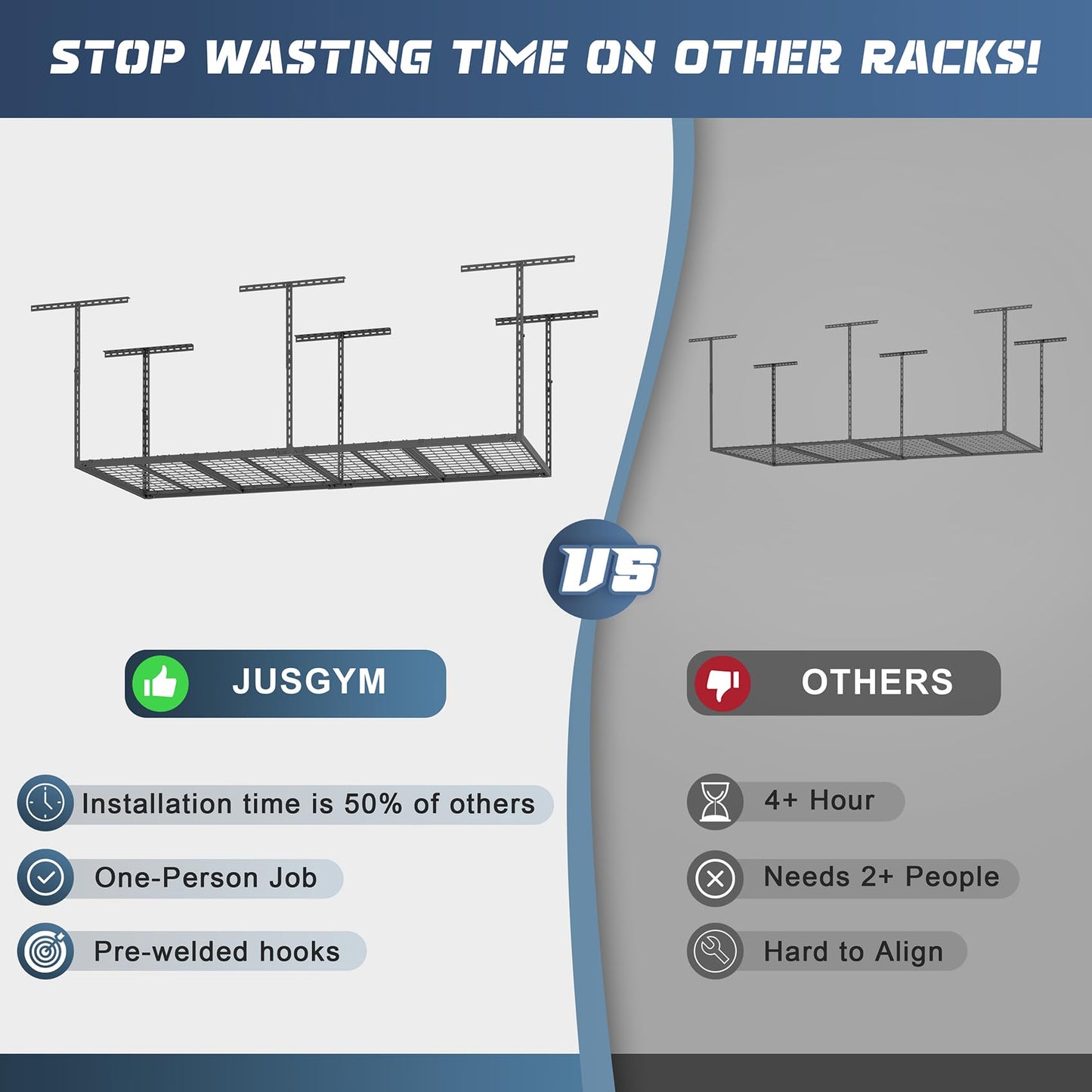 Jusgym 3X8FT Overhead Garage Storage Rack, 26"-40" Height Adjustable Garage Ceiling Storage Racks, Heavy Duty Metal Overhead Storage Organizer System, 750LBS Weight Capacity