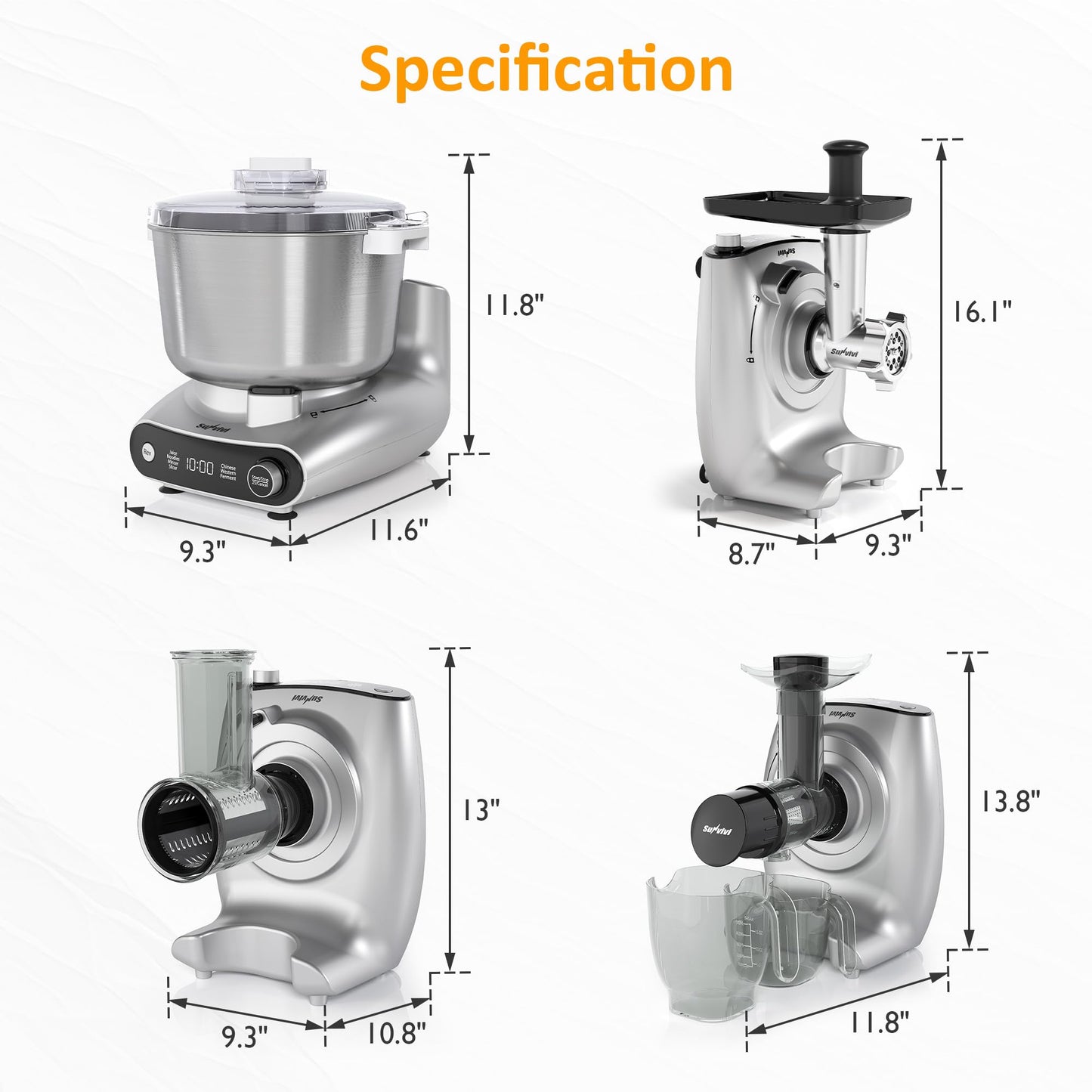 Sunvivi 4-in-1 Multifunction Stand Mixer with Fermentation, 5.3QT Electric Dough Mixer for Chinese & Western Dough, Slow Juicer, Meat Grinder, Salad Maker, LED Display & Knob Control, Stainless Steel