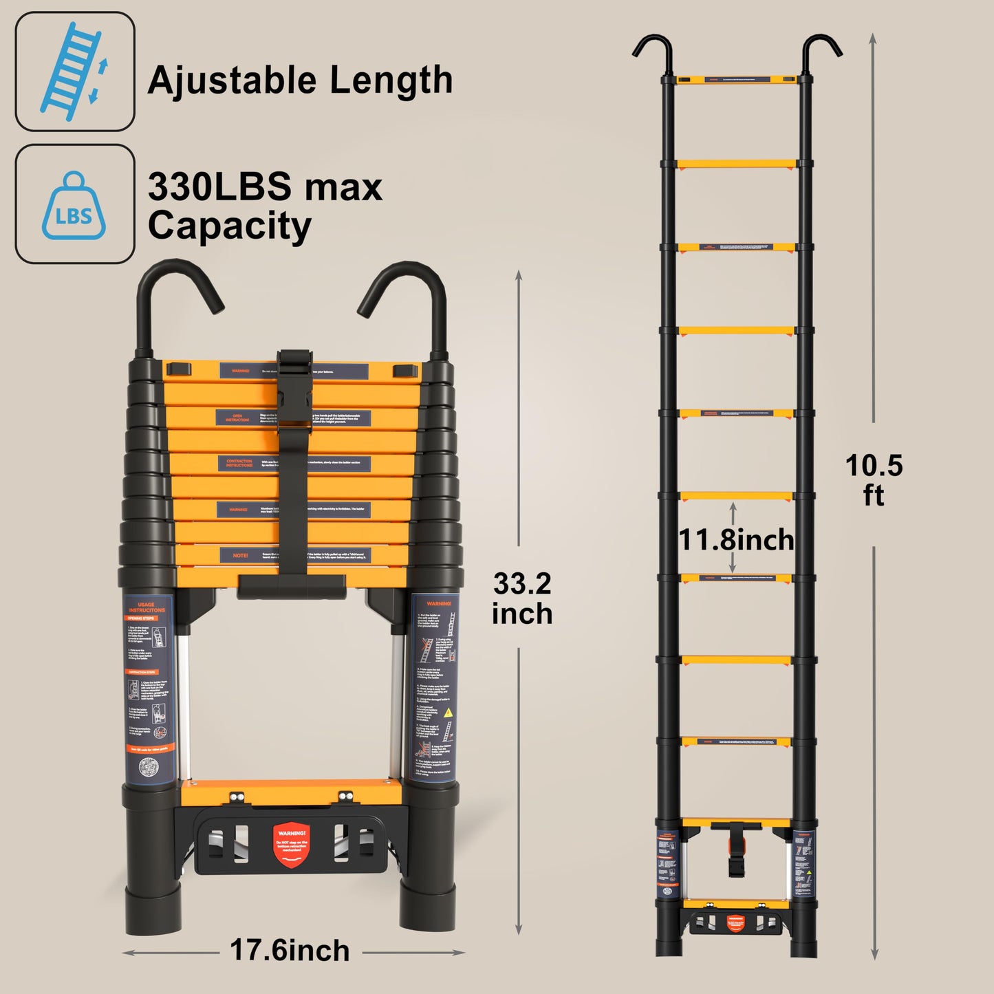 AOPENG Telescoping Ladder,10.5FT Quick Folding Aluminum Extension Ladder for RV/Home/Outdoor, 330lbs Max Load