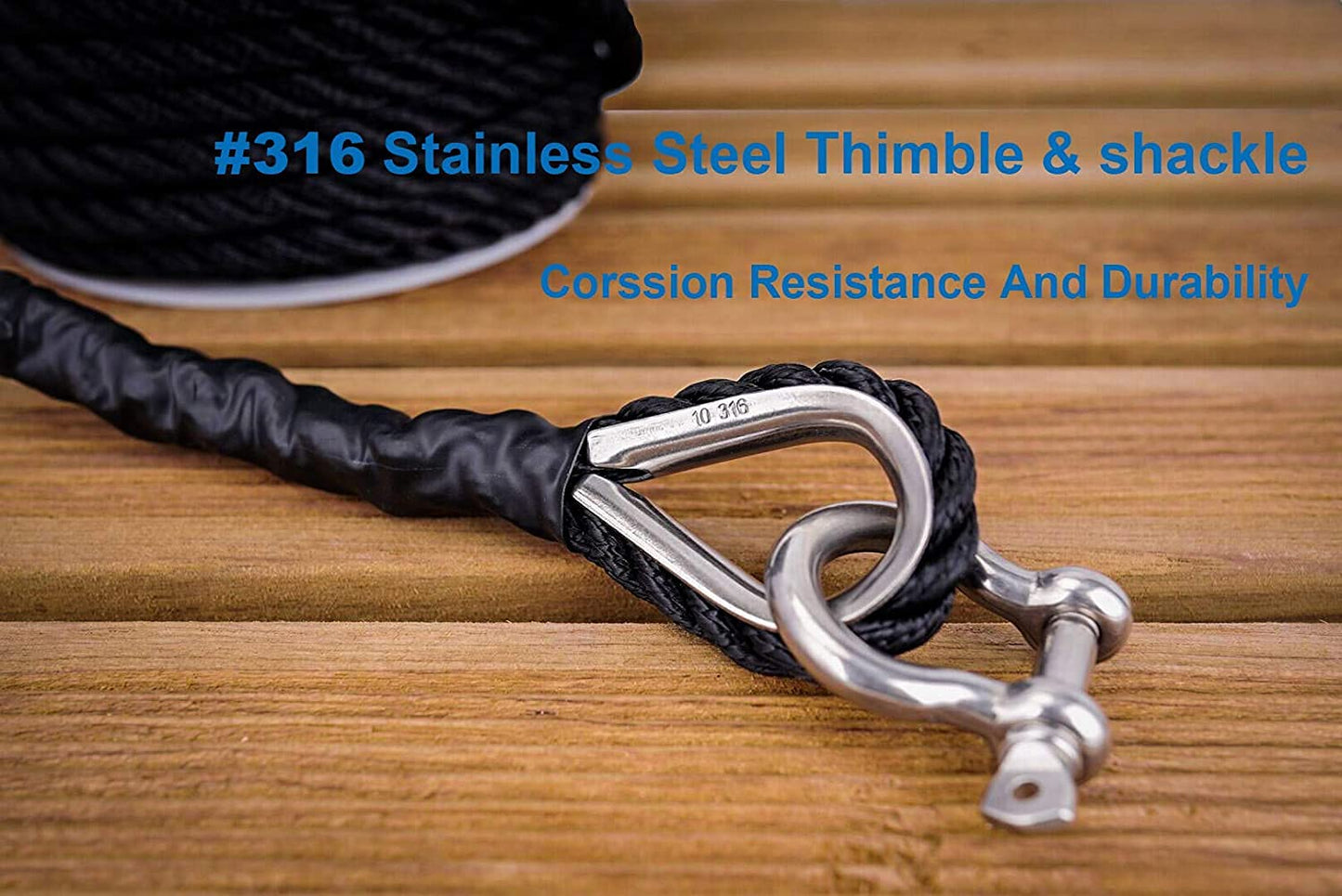 Marine System Made Nylon 3 Strand Anchor/Rigging Line Anchor Rope 3/8 Inch 100FT 150FT Black (3/8" x 100')