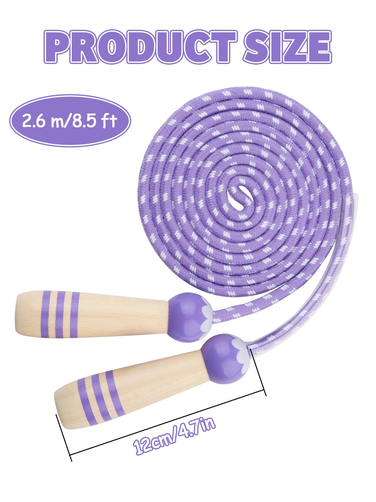 Lorvain Jump Rope Kids, 8.5FT Adjustable Cotton Skipping Rope with Wooden Handle for Girls and Boys Fitness Workout Exercise Outdoor Activity Children Students, Purple Jump Rope