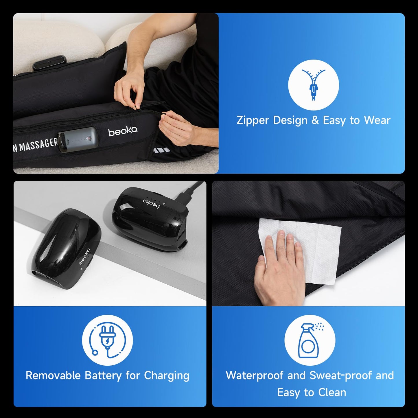 beoka Leg Massager for Circulation and Pain Relief, Leg Recovery System for Fast Recovery, Cordless Air Compression Boots with 3 Modes 5 Intensities for Athletes Runners and Travelers-L